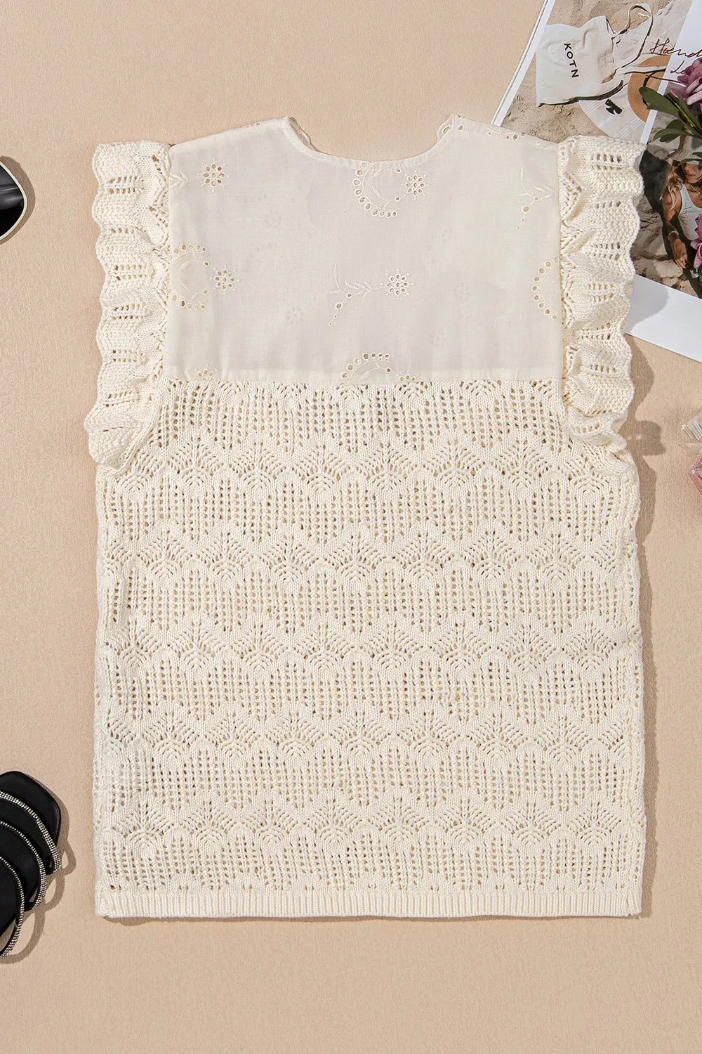 Embroidered Patchwork Hollow Out Knitted Ruffle Sweater Vest - Image 6