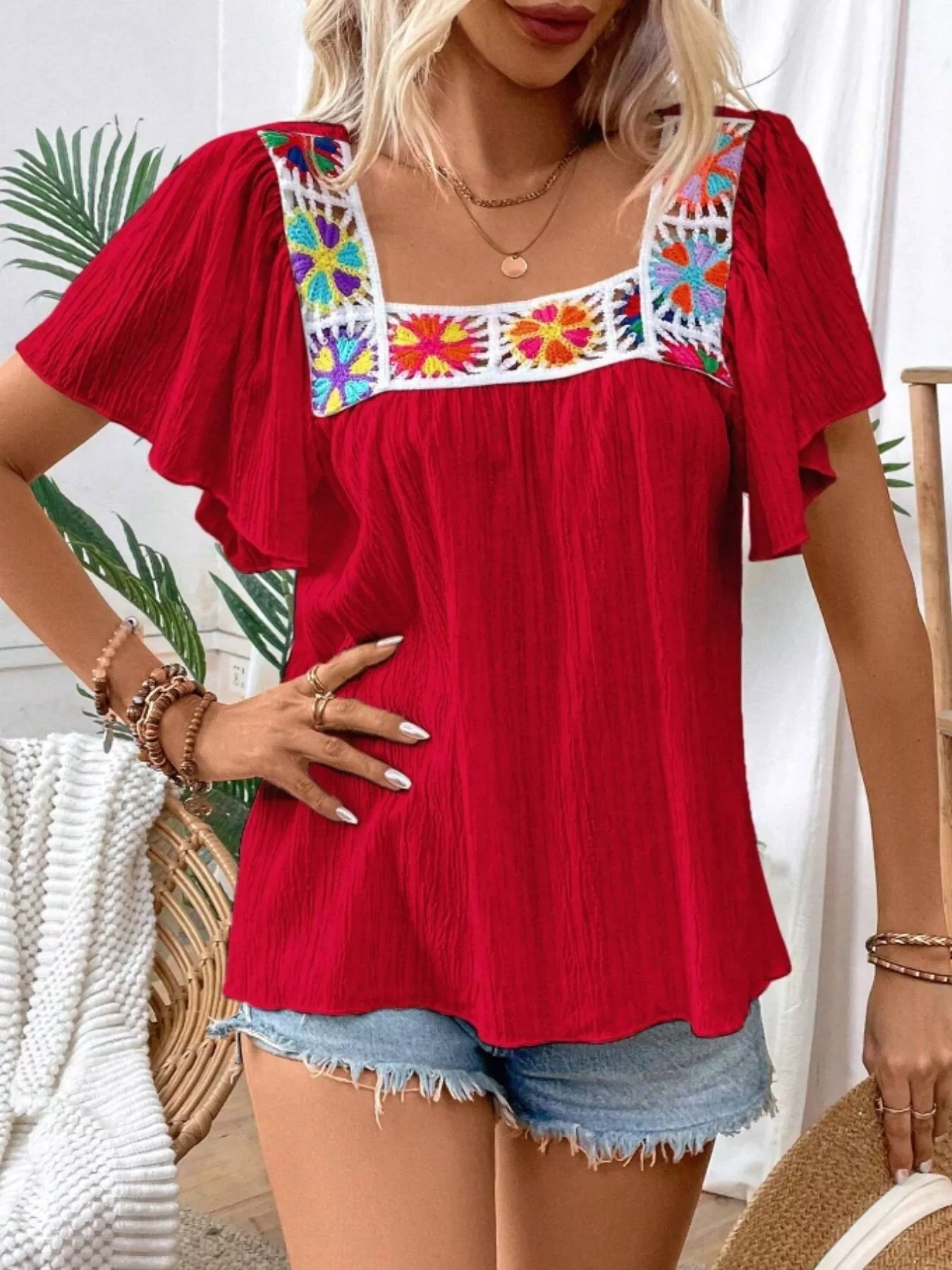 Embroidered Square Neck Flutter Sleeve Blouse