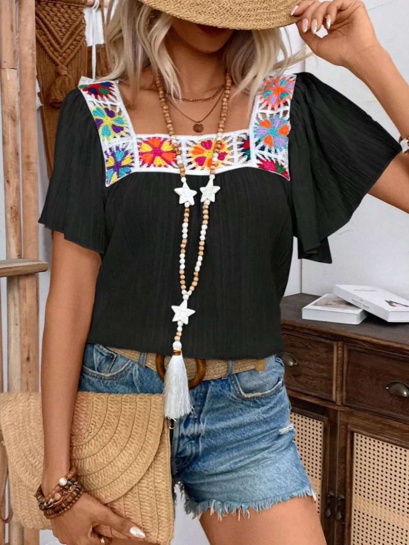 Embroidered Square Neck Flutter Sleeve Blouse - Image 11