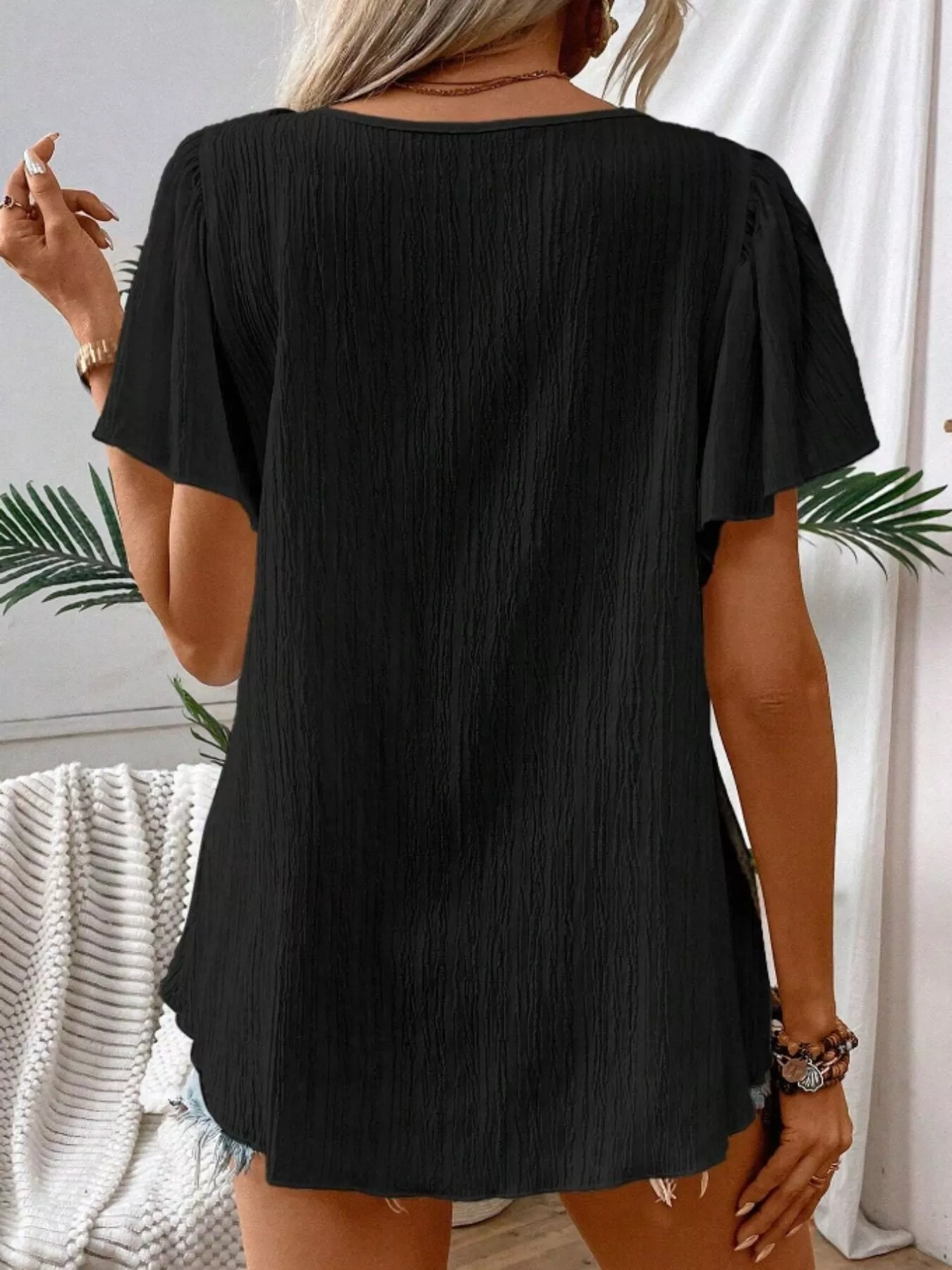 Embroidered Square Neck Flutter Sleeve Blouse - Image 12
