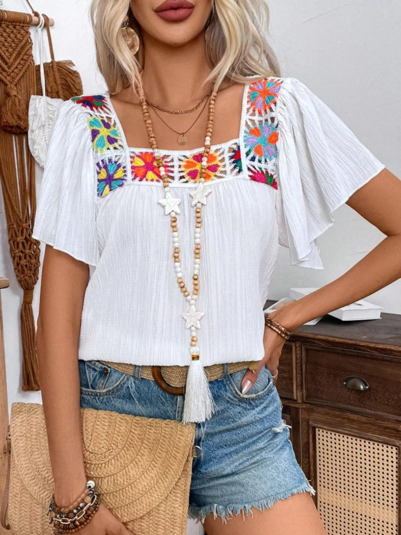 Embroidered Square Neck Flutter Sleeve Blouse - Image 13