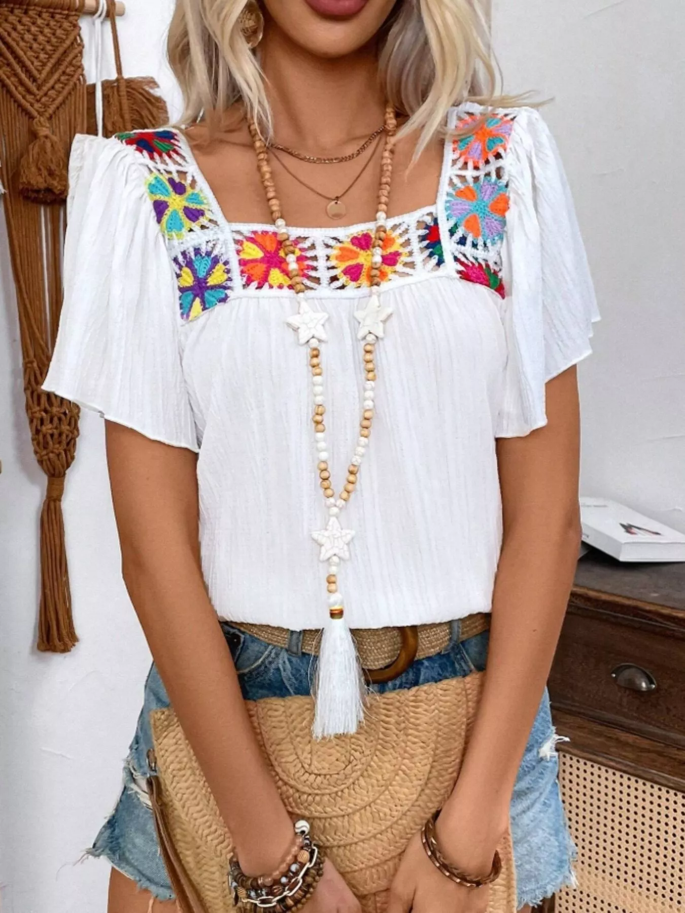 Embroidered Square Neck Flutter Sleeve Blouse - Image 15