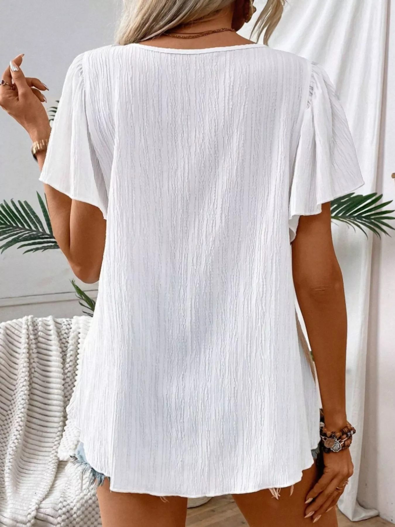Embroidered Square Neck Flutter Sleeve Blouse - Image 17