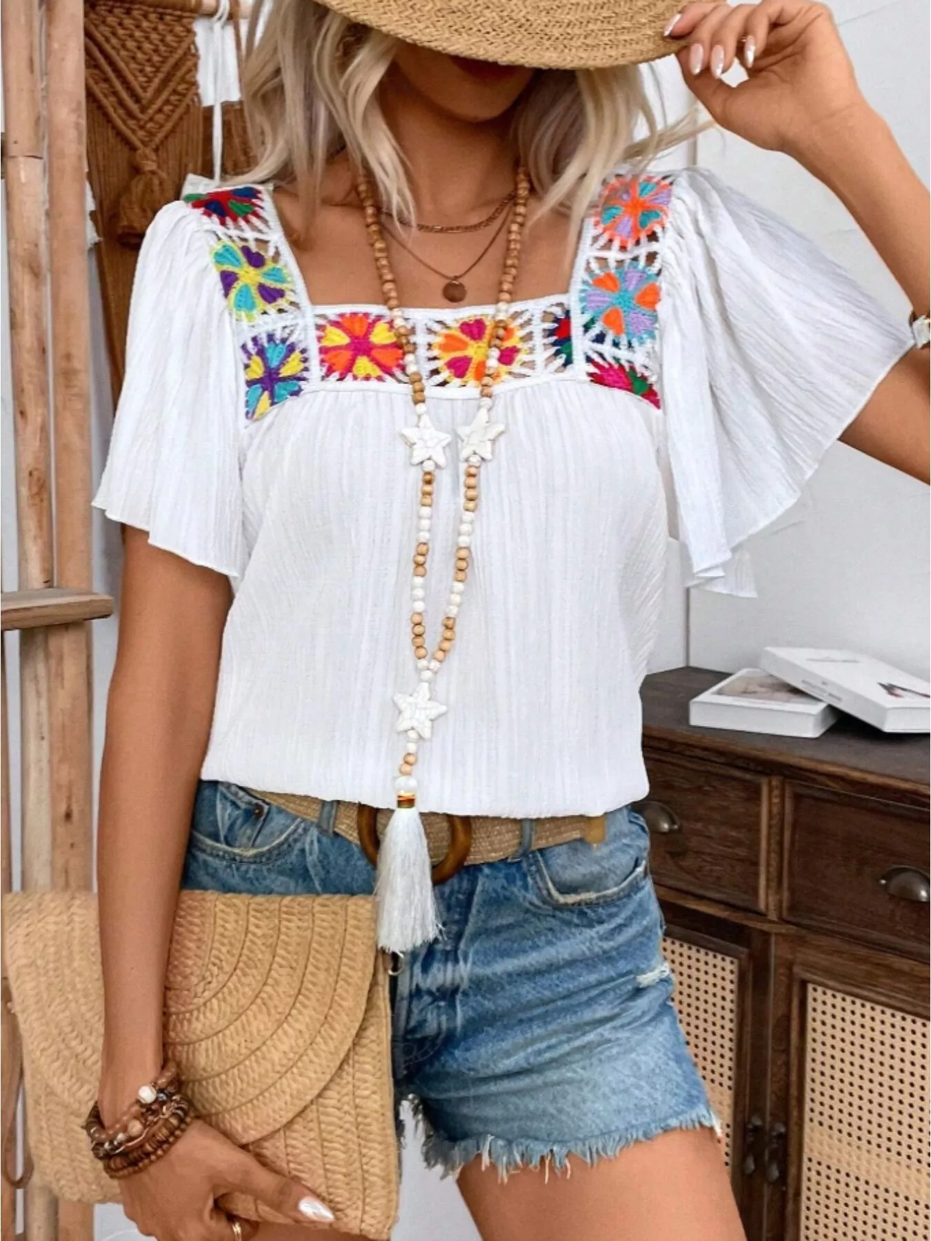 Embroidered Square Neck Flutter Sleeve Blouse - Image 18