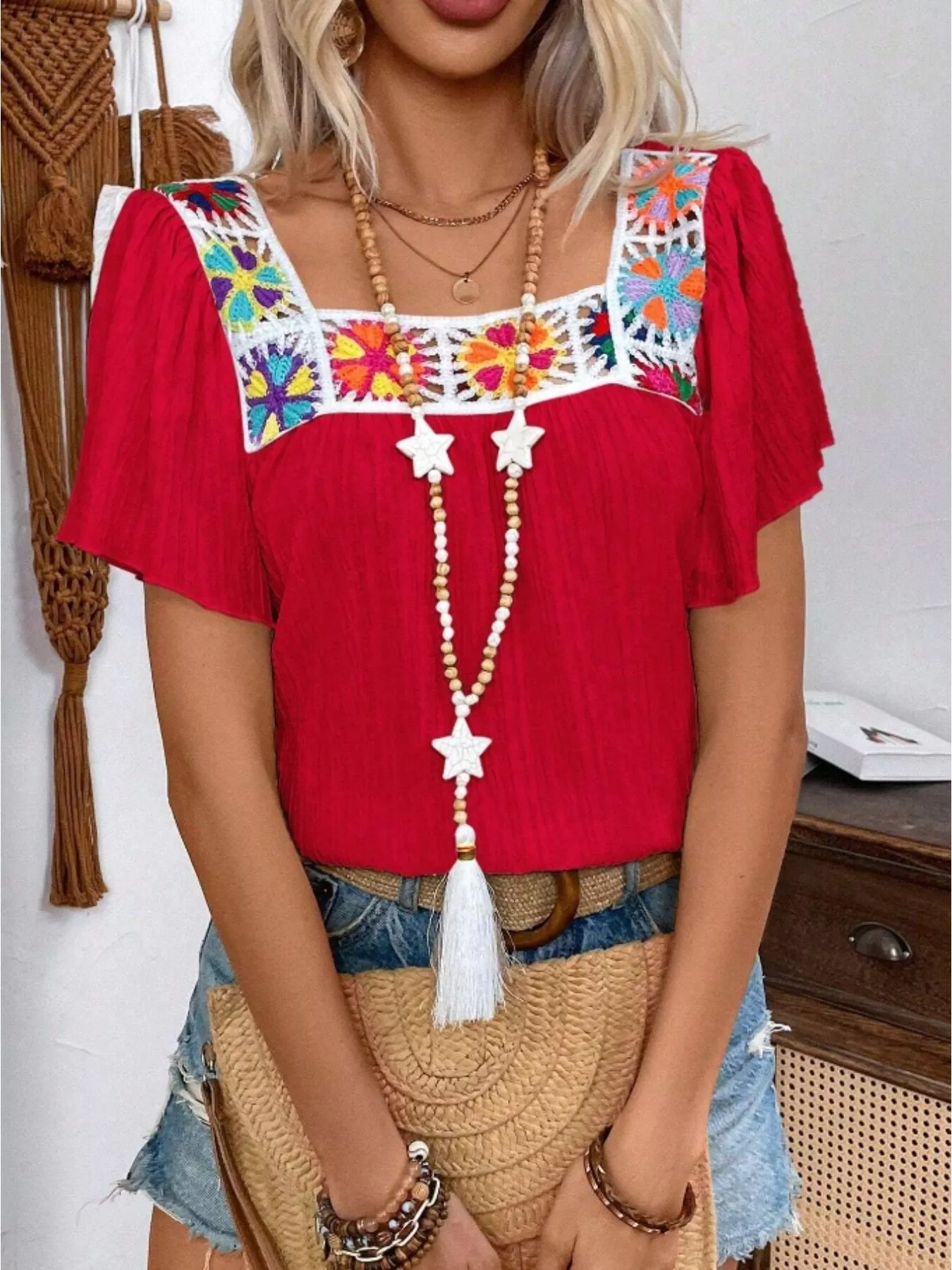 Embroidered Square Neck Flutter Sleeve Blouse - Image 2