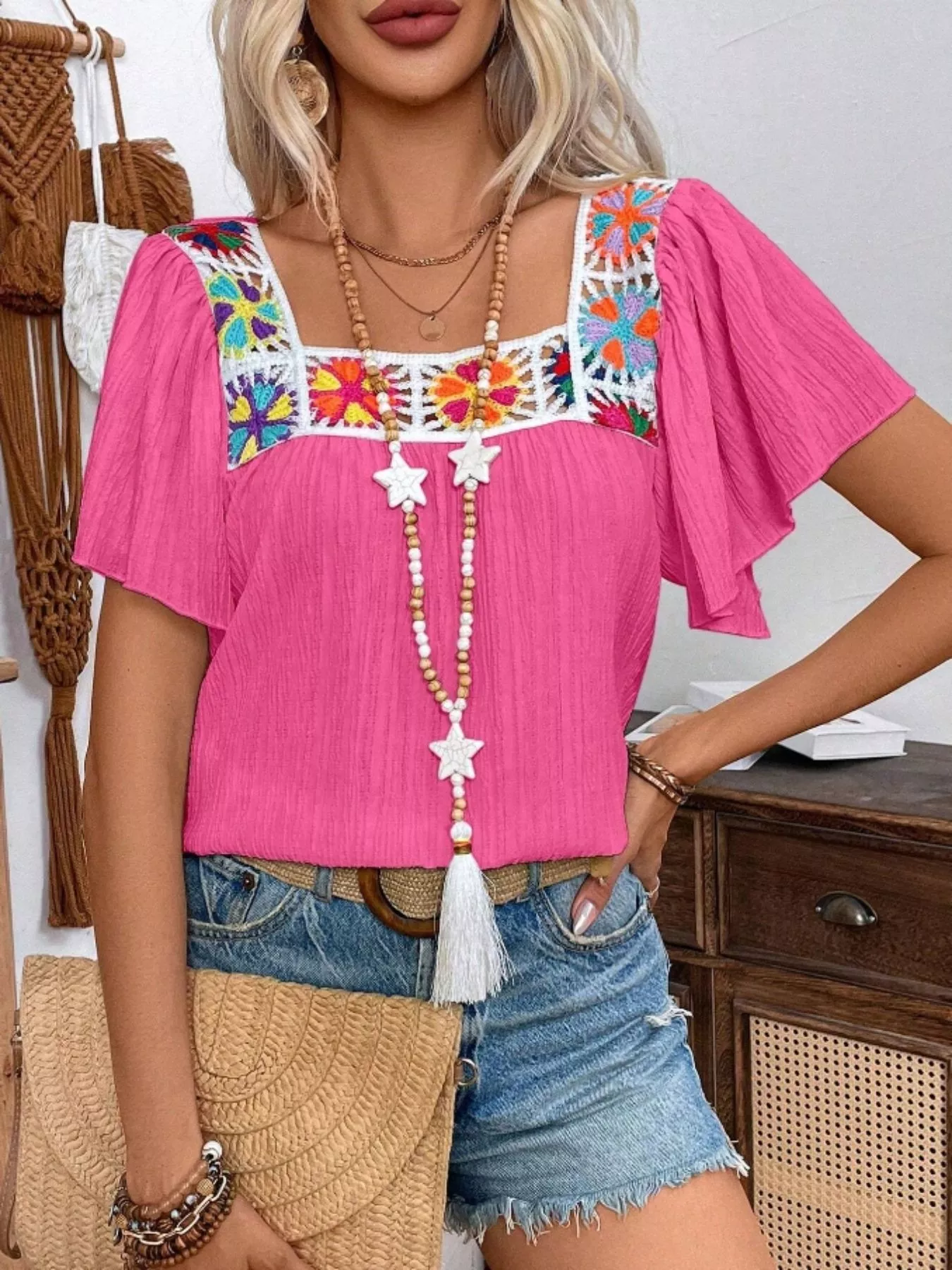 Embroidered Square Neck Flutter Sleeve Blouse - Image 20