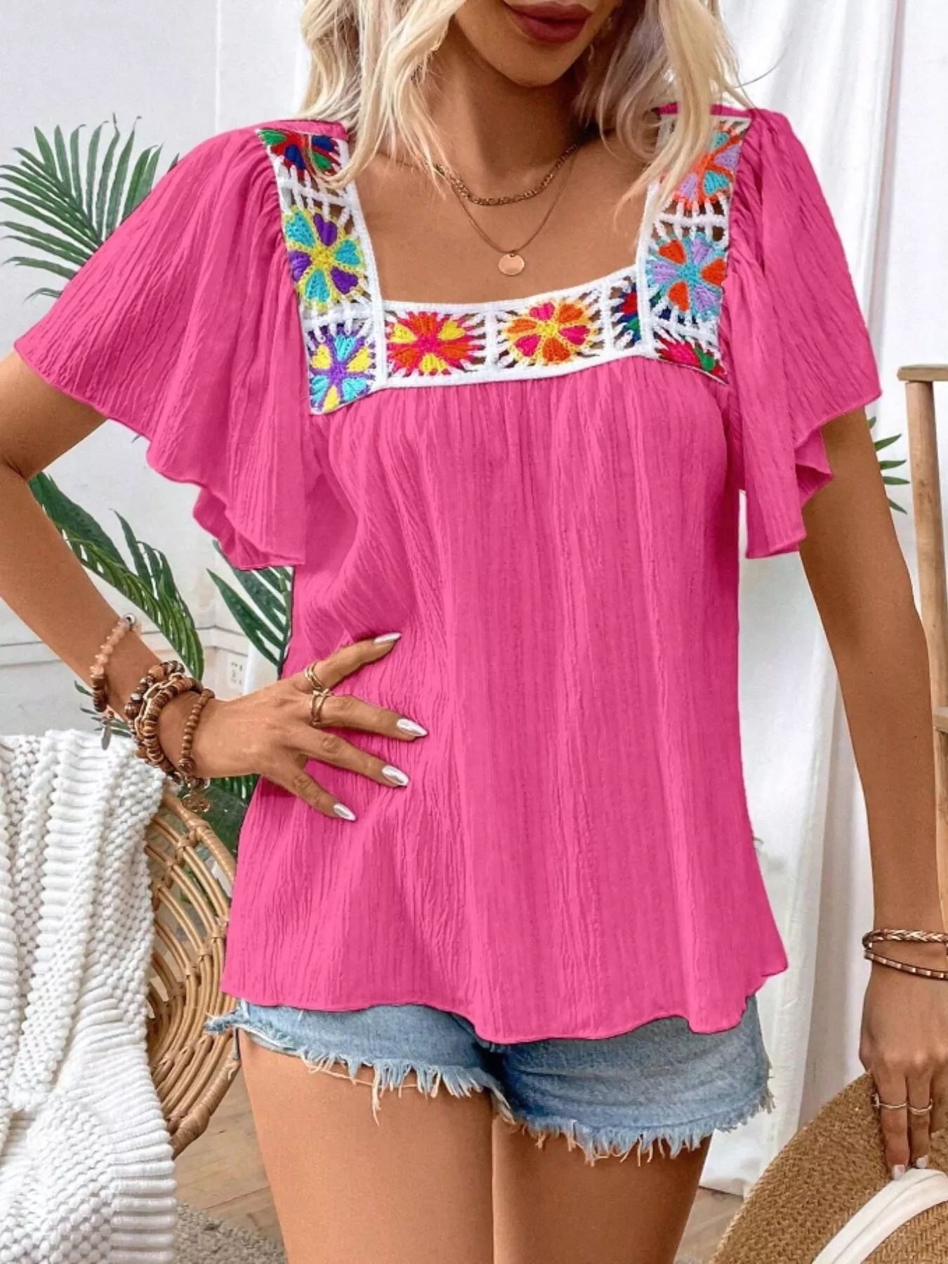 Embroidered Square Neck Flutter Sleeve Blouse - Image 22