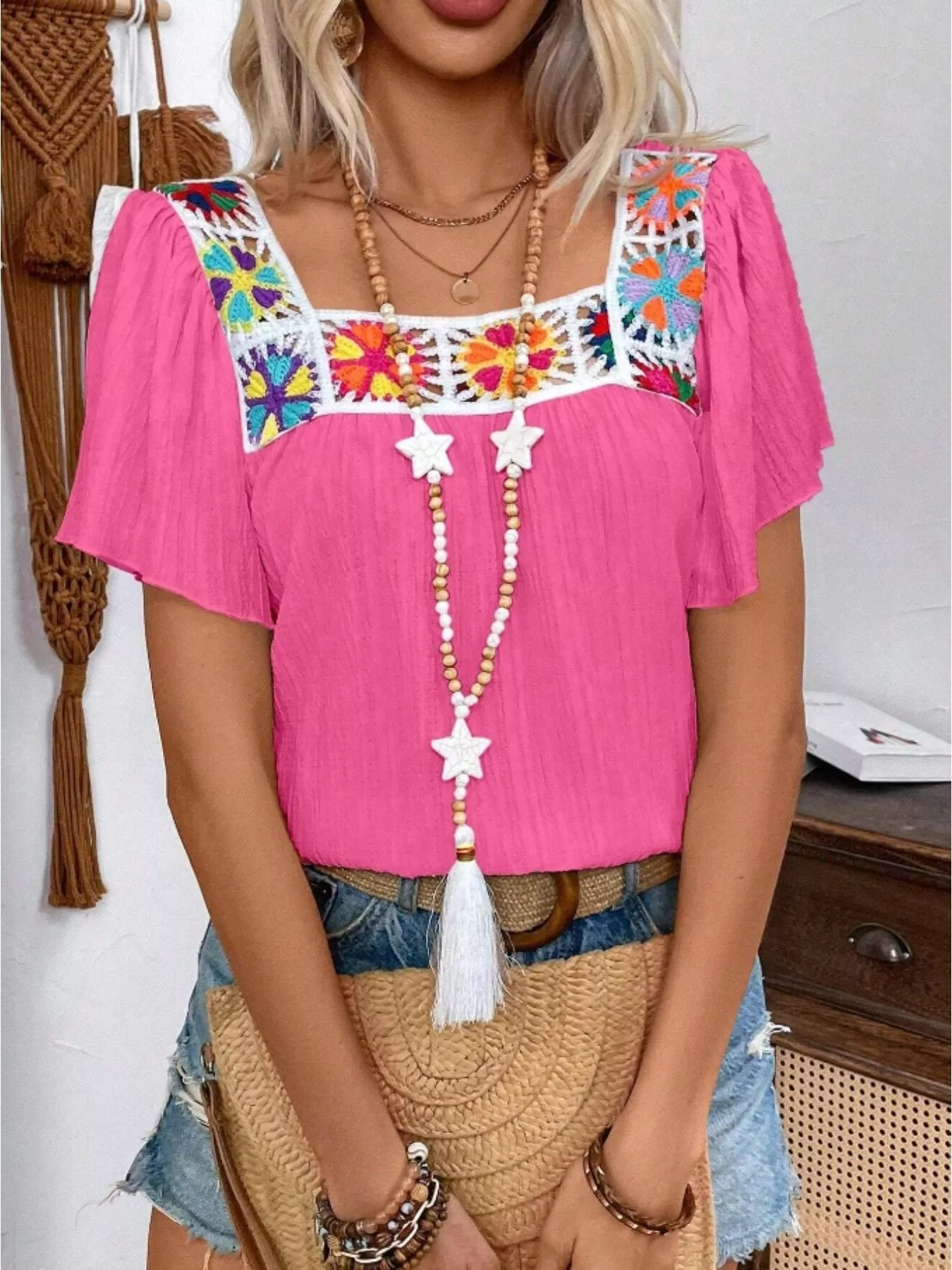 Embroidered Square Neck Flutter Sleeve Blouse - Image 23