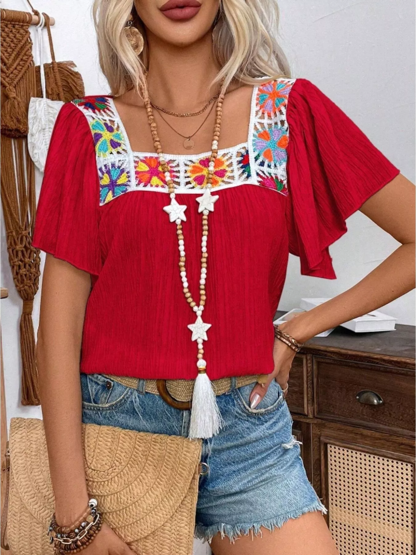 Embroidered Square Neck Flutter Sleeve Blouse - Image 3