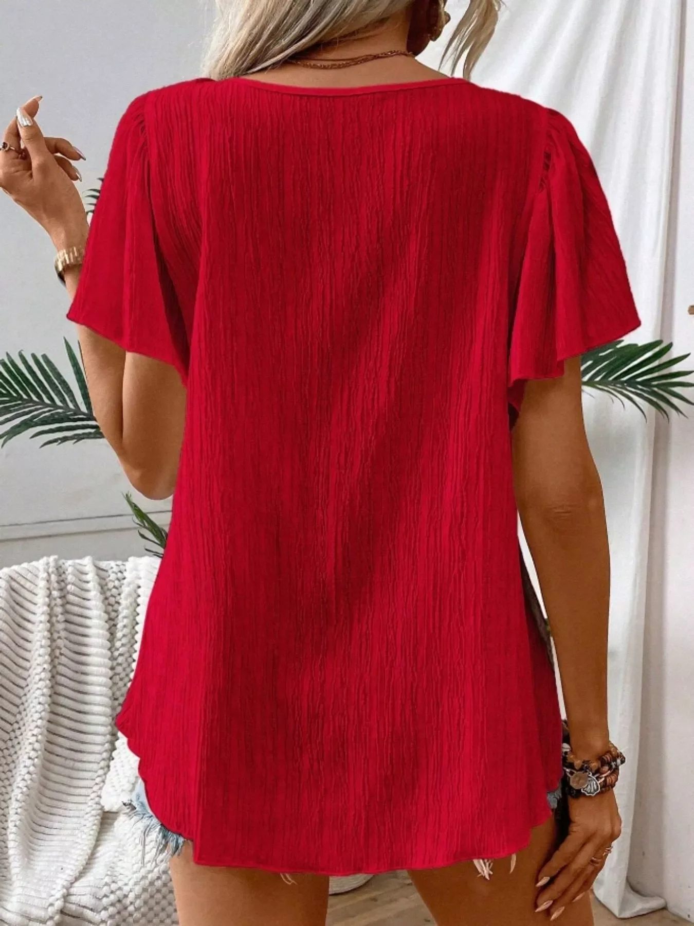 Embroidered Square Neck Flutter Sleeve Blouse - Image 6