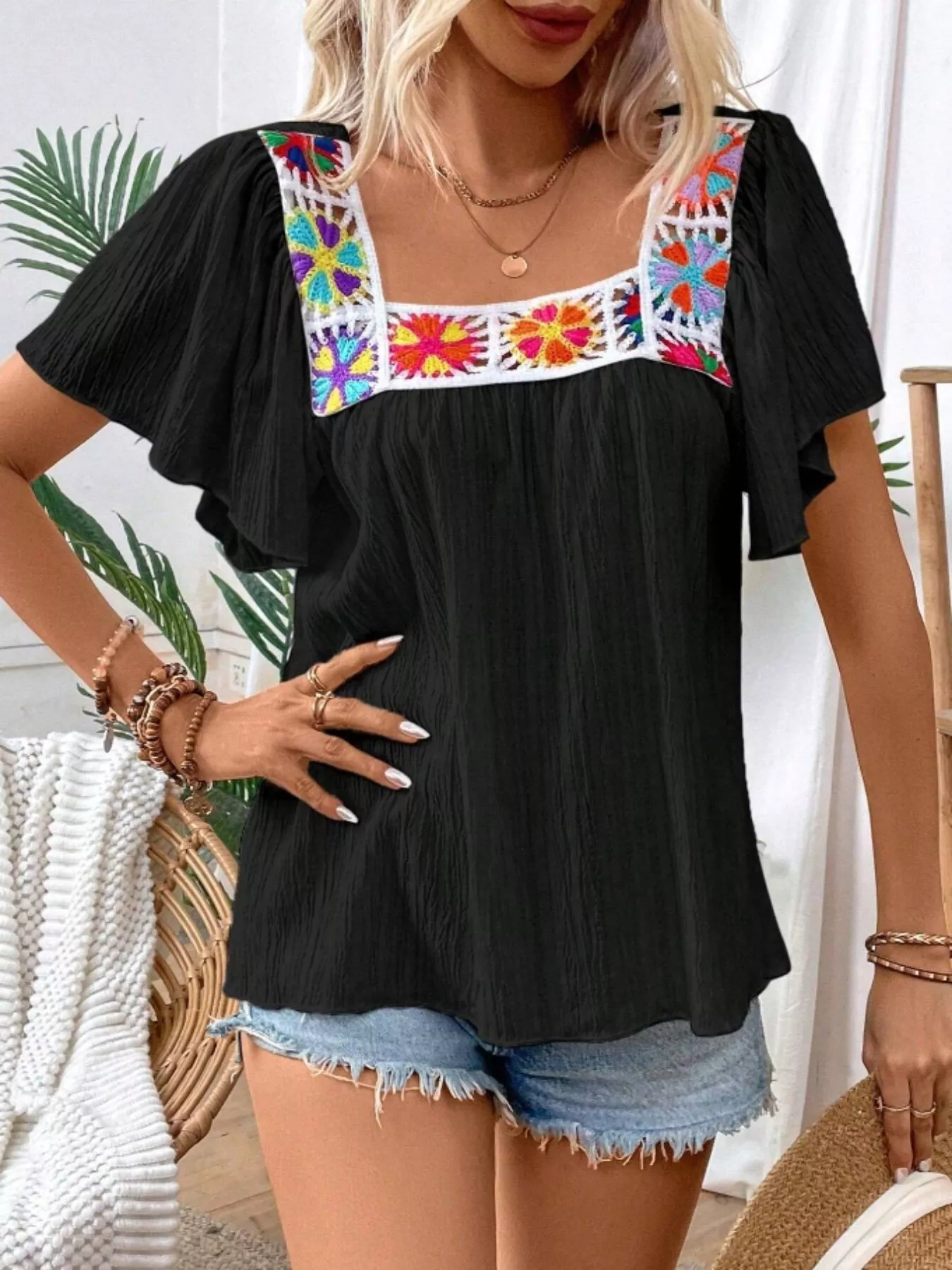 Embroidered Square Neck Flutter Sleeve Blouse - Image 8