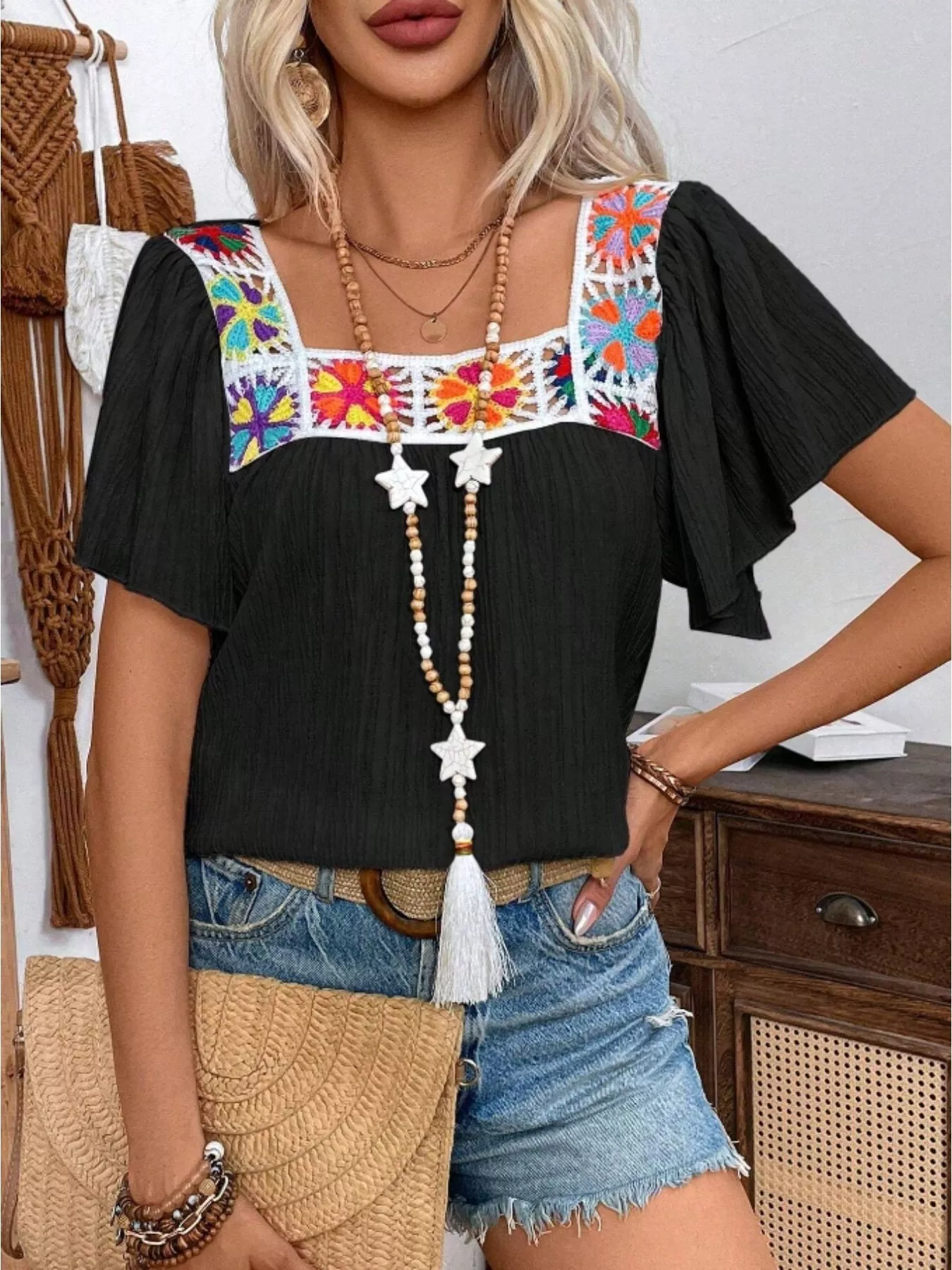 Embroidered Square Neck Flutter Sleeve Blouse - Image 9