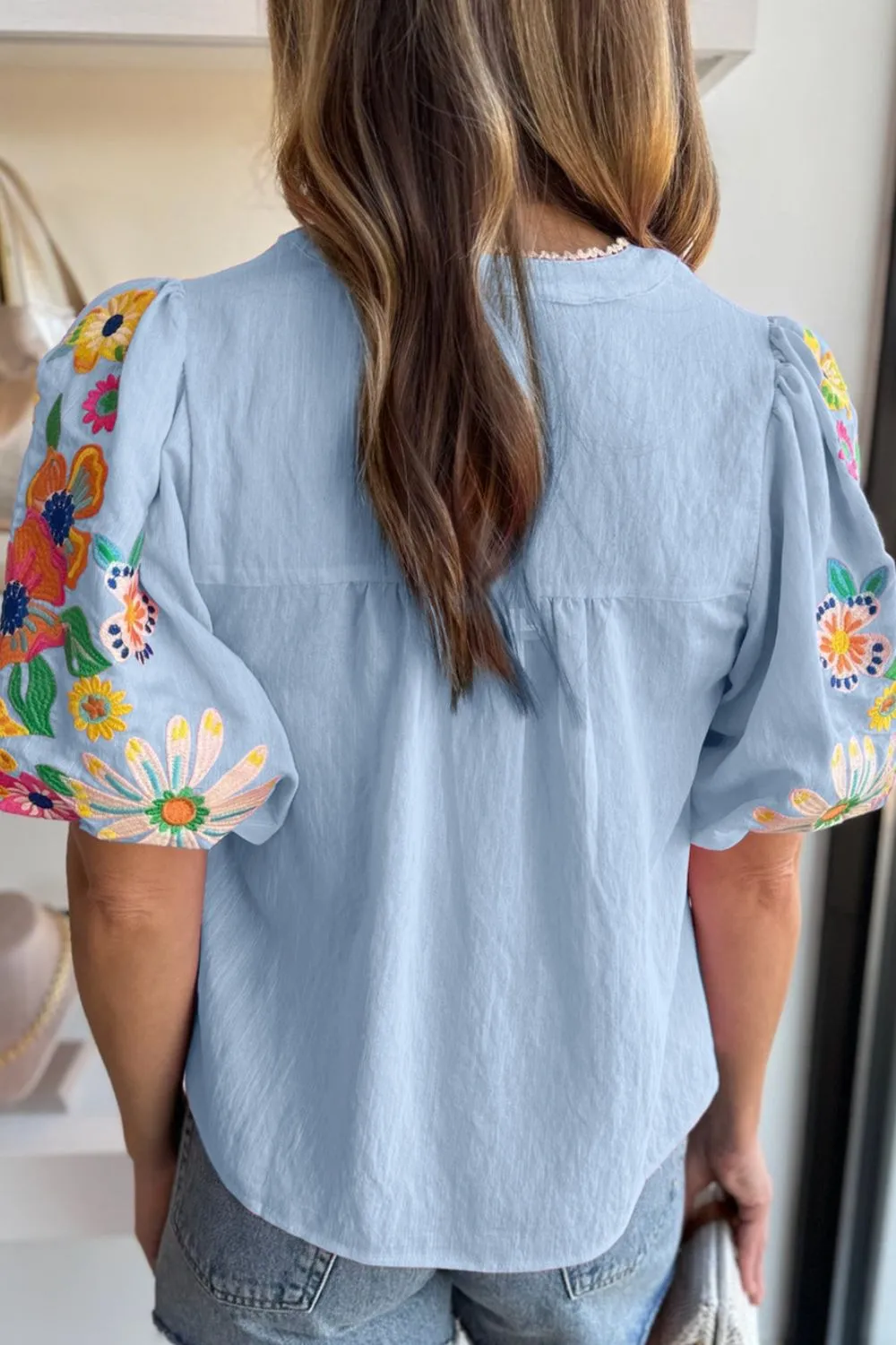 Embroidered Tie Neck Short Sleeve Blouse - Image 2