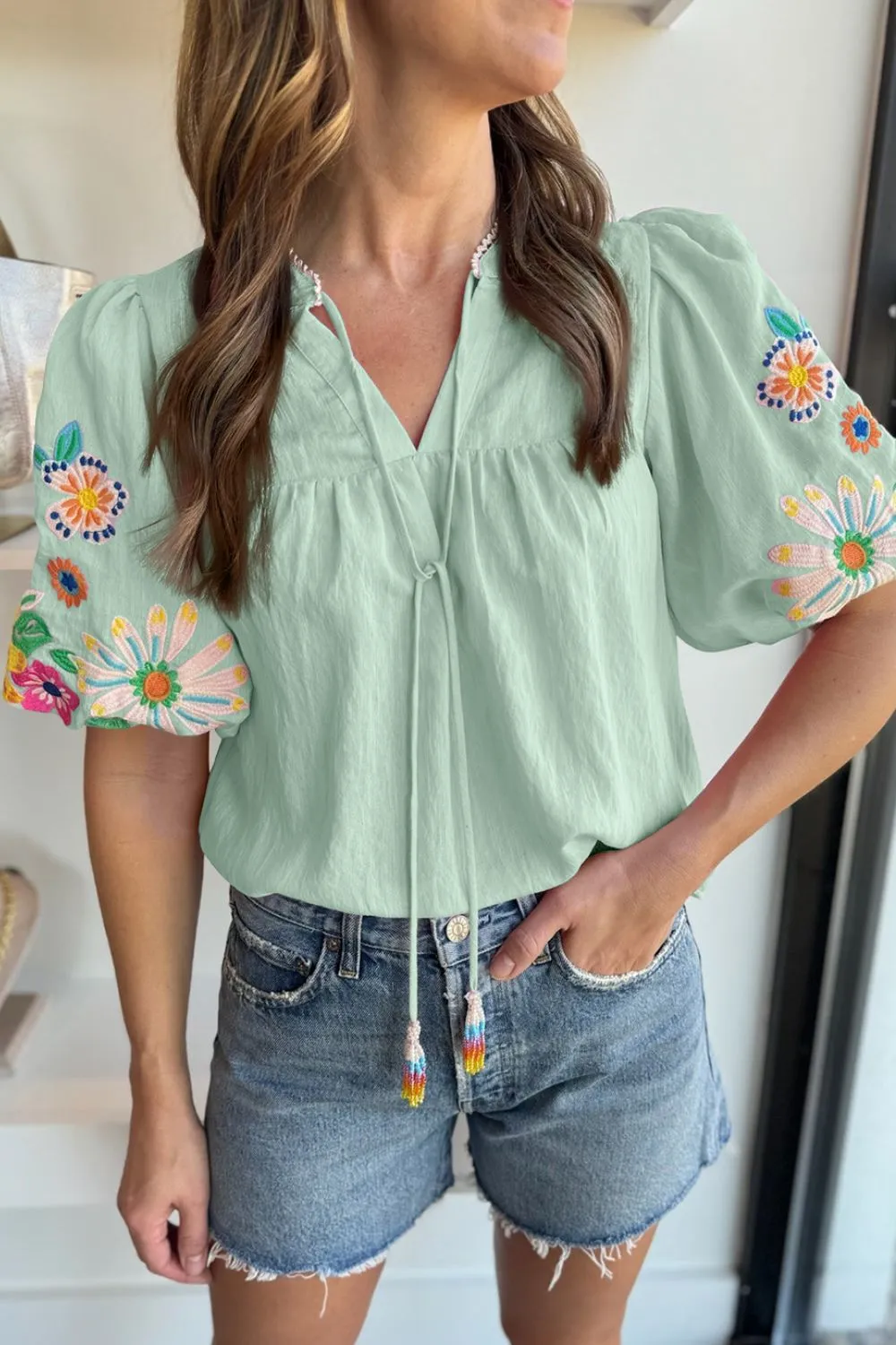 Embroidered Tie Neck Short Sleeve Blouse - Image 4