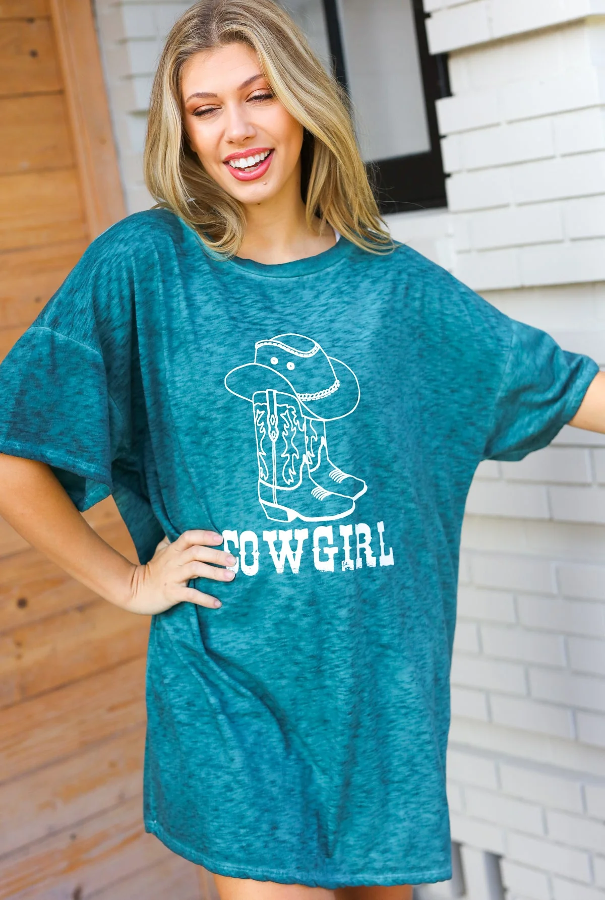 Emerald Cotton Blend COWGIRL Graphic Long Tee - Image 7