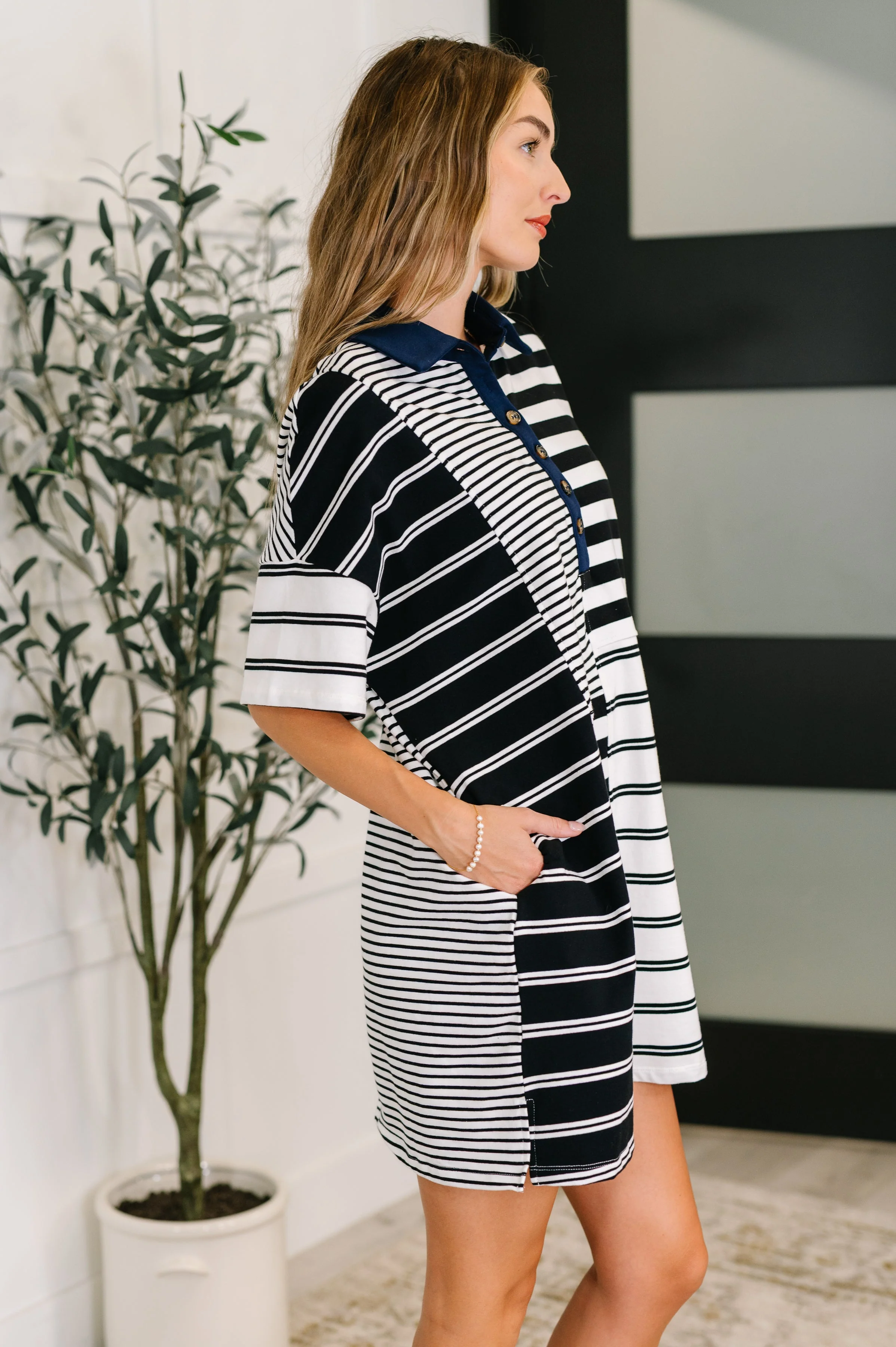 Everlasting Love Striped Collared Dress in Black and Navy - Image 3