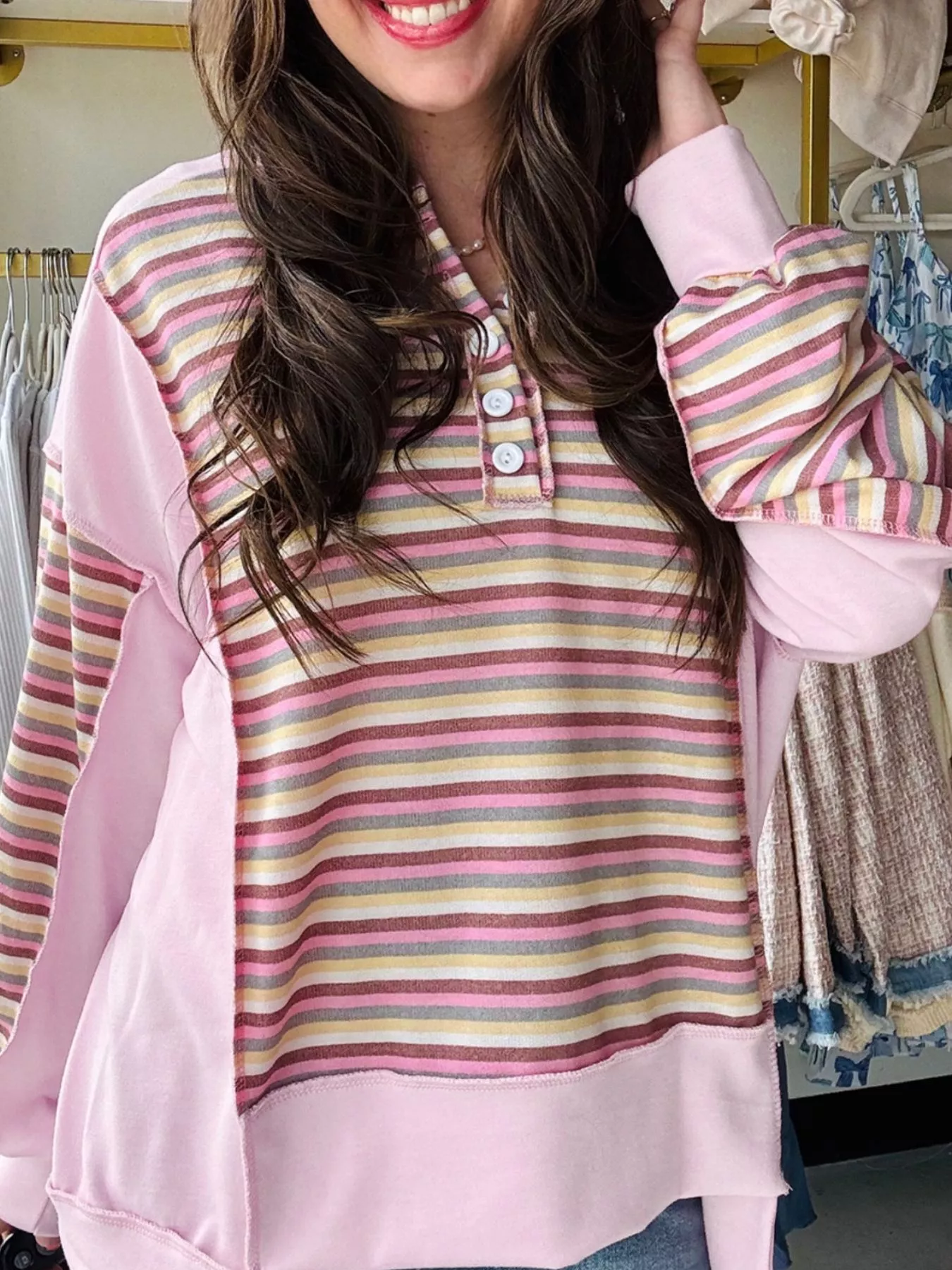 Exposed Seam Color Block Striped Patchwork Loose Henley Sweatshirt - Image 3