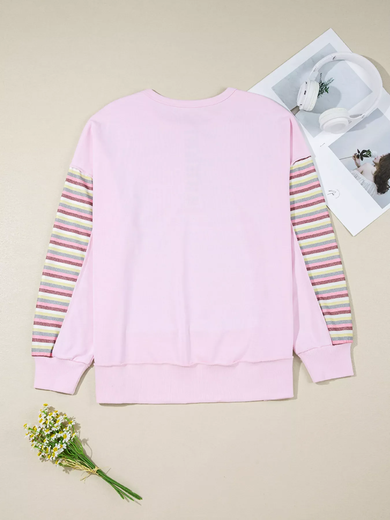 Exposed Seam Color Block Striped Patchwork Loose Henley Sweatshirt - Image 5