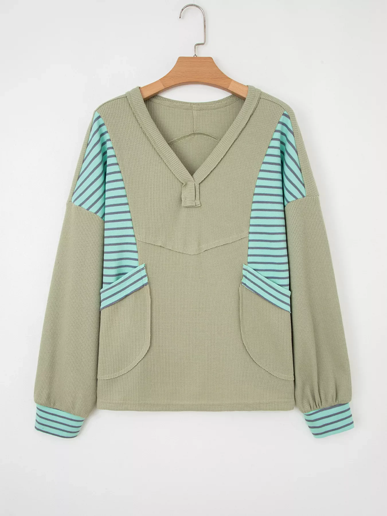 Exposed Seam Waffle Striped Patchwork Baggy Blouse - Image 3