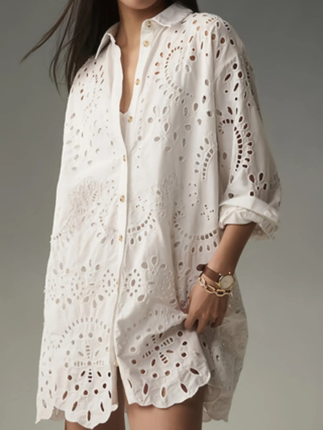 Eyelet Button Front Shirt Dress - Image 2