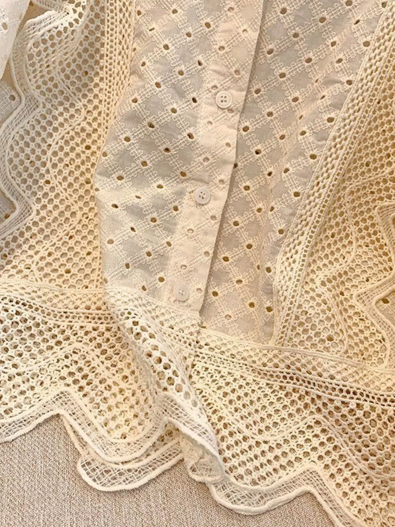 Eyelet Button-Up Shirt with Scalloped Hem - Image 9