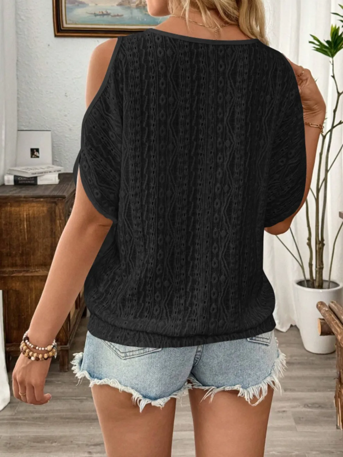 Eyelet Cold Shoulder Round Neck Blouse - Image 23