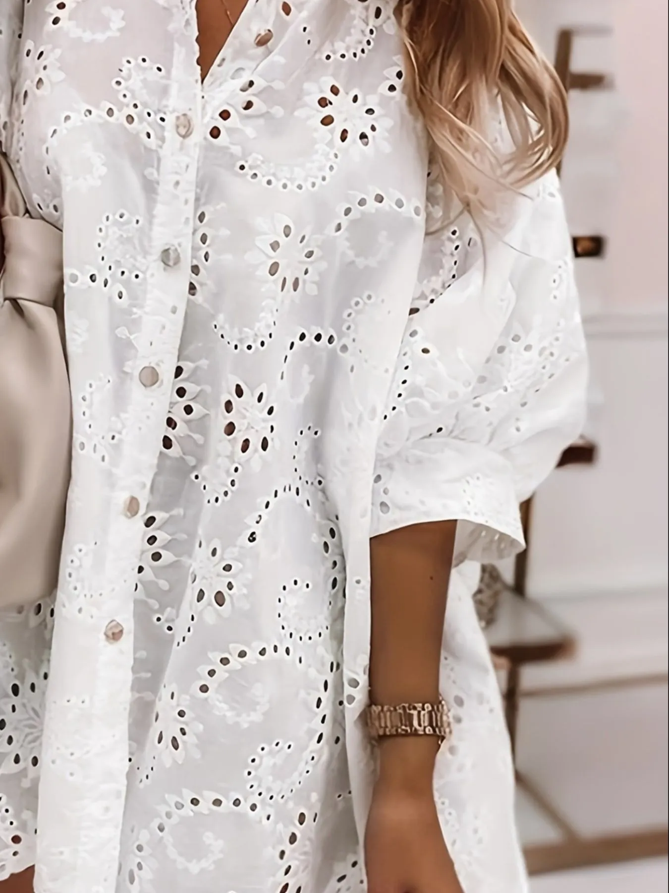 Eyelet Embroidered Button-Down Oversize Shirt - Image 3