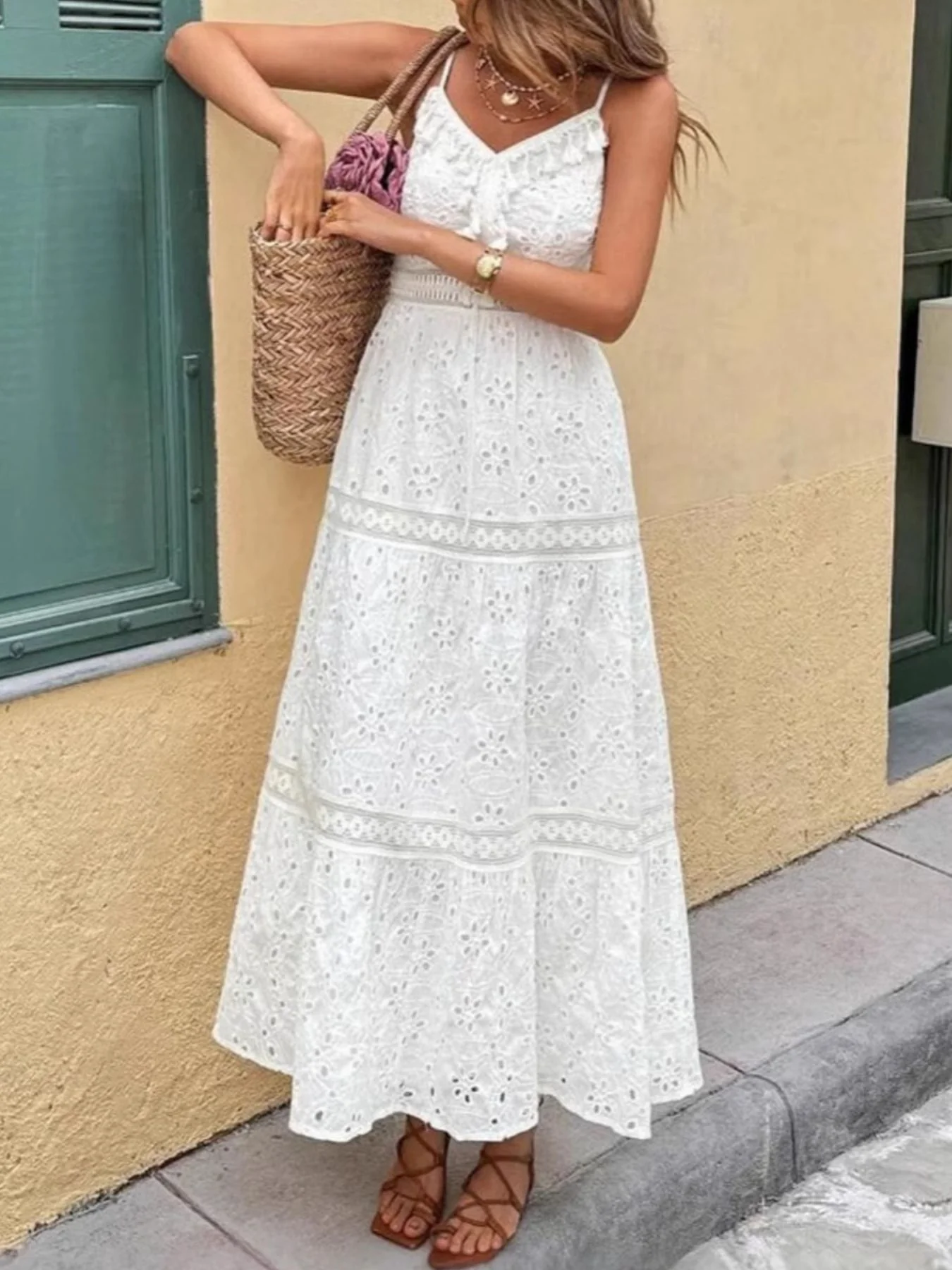 Eyelet Embroidered Cami Dress with Tassel Detail - Image 2