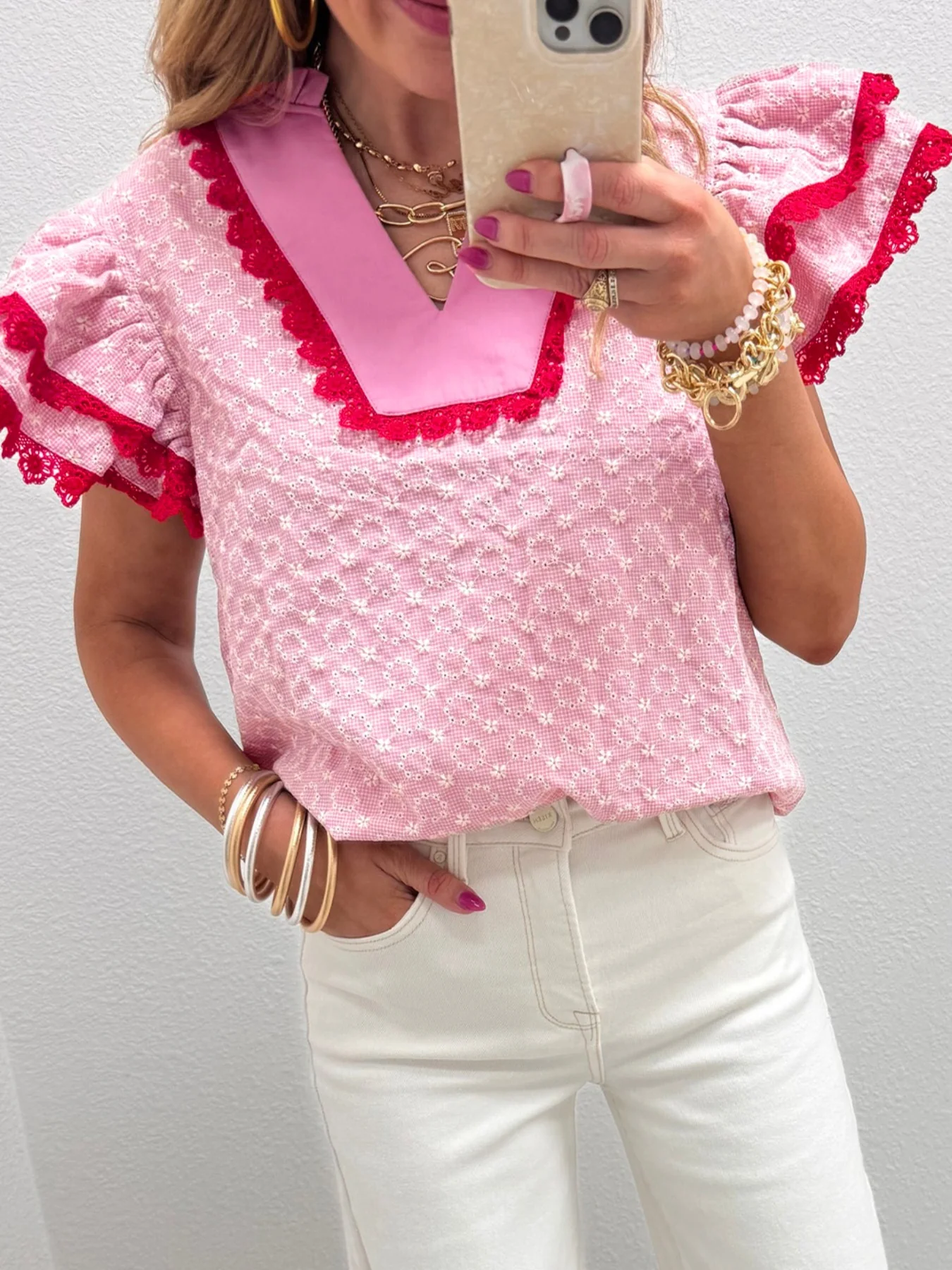 Eyelet Embroidered Flower Texture Contrast Lace Trim Flutter Sleeve Blouse - Image 2