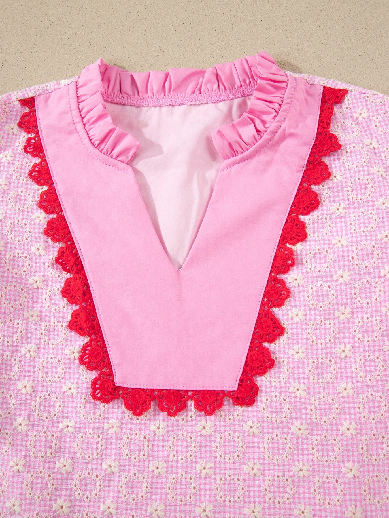 Eyelet Embroidered Flower Texture Contrast Lace Trim Flutter Sleeve Blouse - Image 7