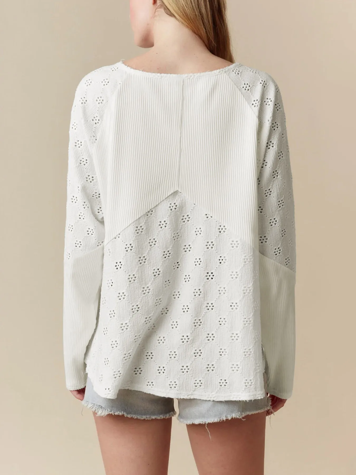 Eyelet Embroidered Loose V Neck Long Sleeve Top - Image 2