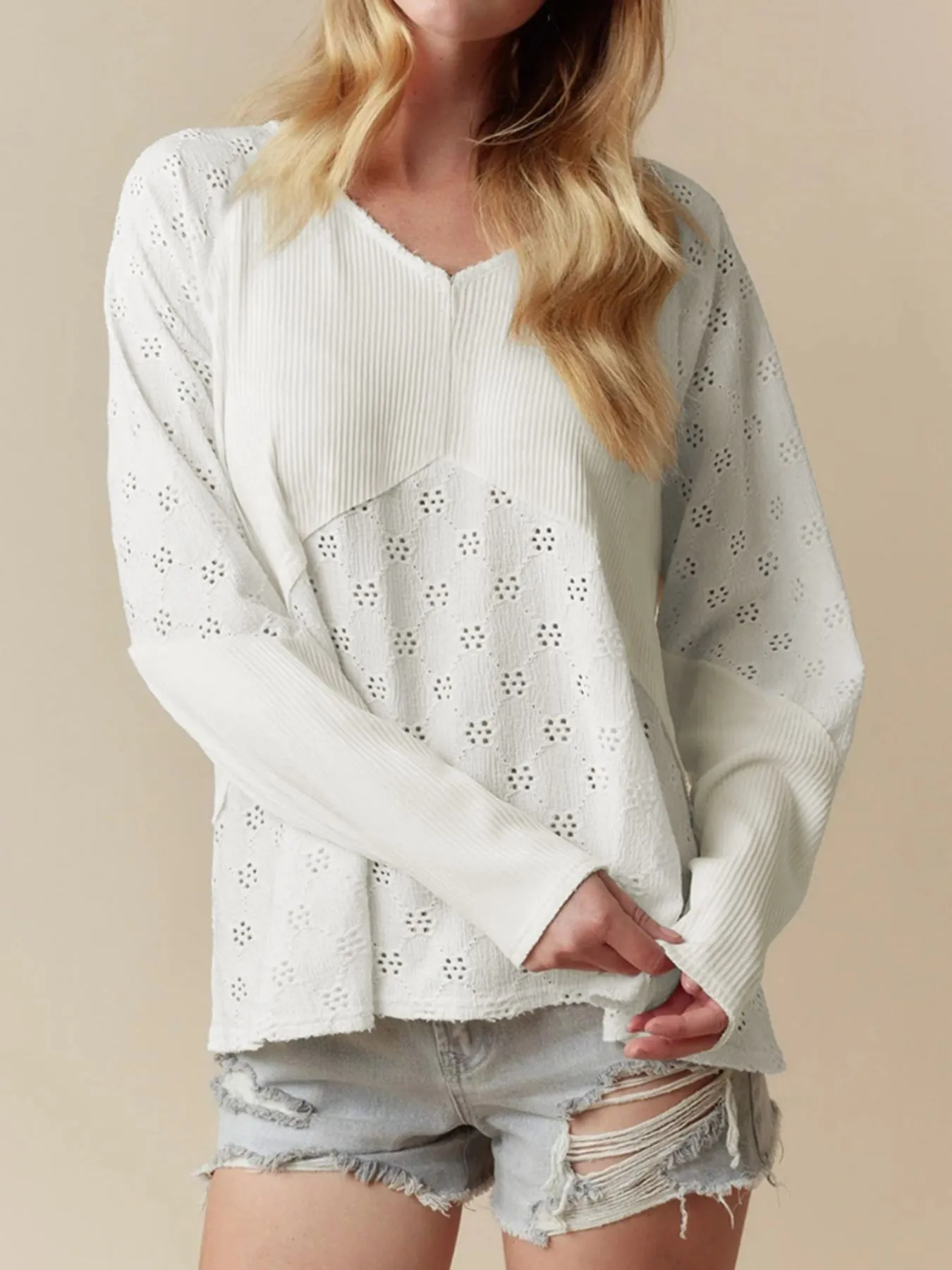 Eyelet Embroidered Loose V Neck Long Sleeve Top - Image 3