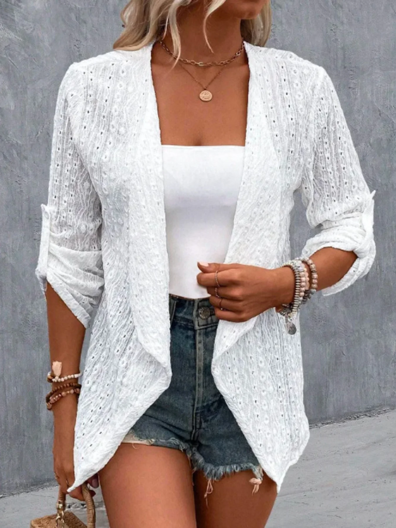 Eyelet Embroidered Open Front Cardigan - Image 2