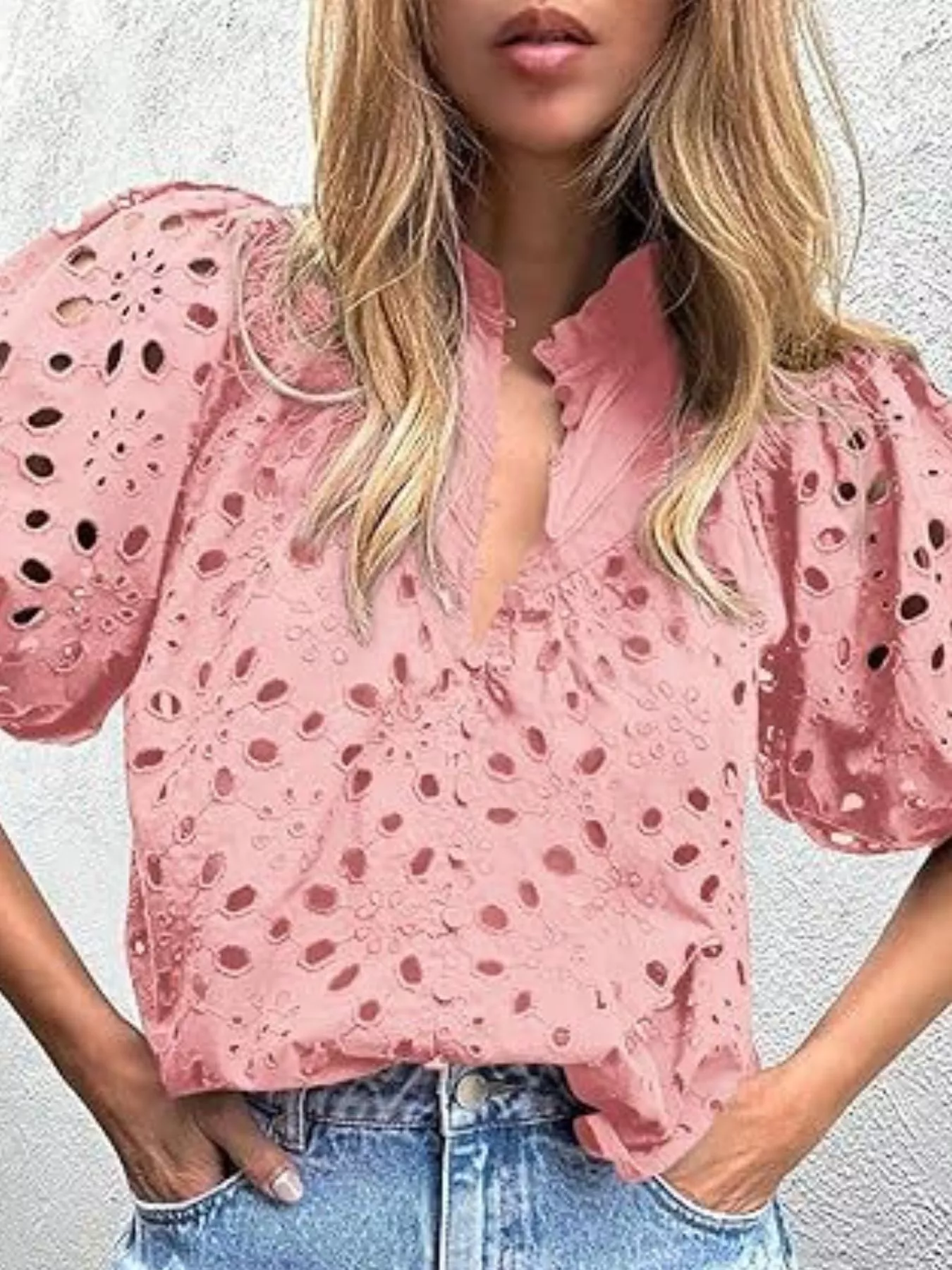 Eyelet Embroidered Puff Sleeve Blouse - Image 2