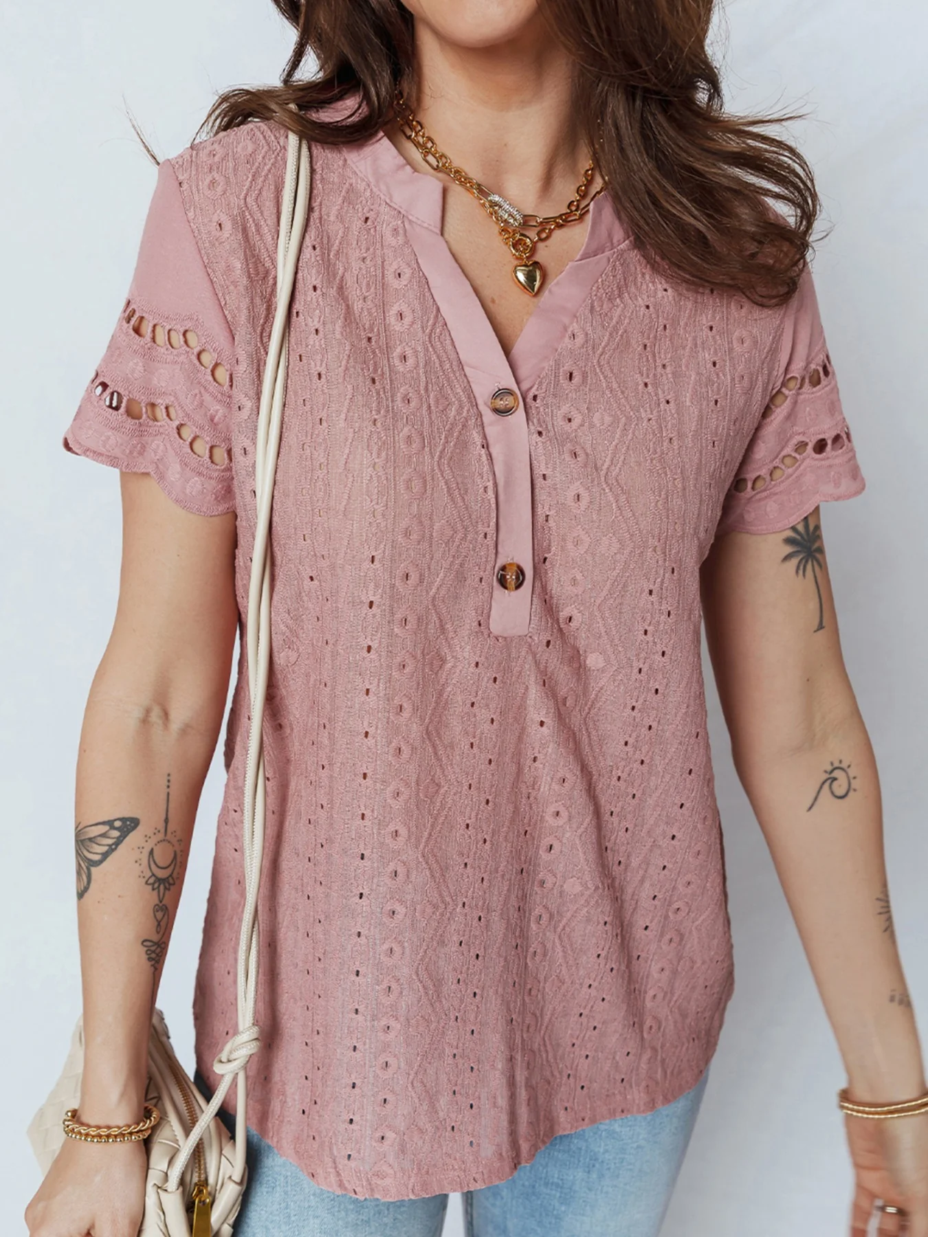 Eyelet Embroidered Short Sleeve Blouse - Image 3