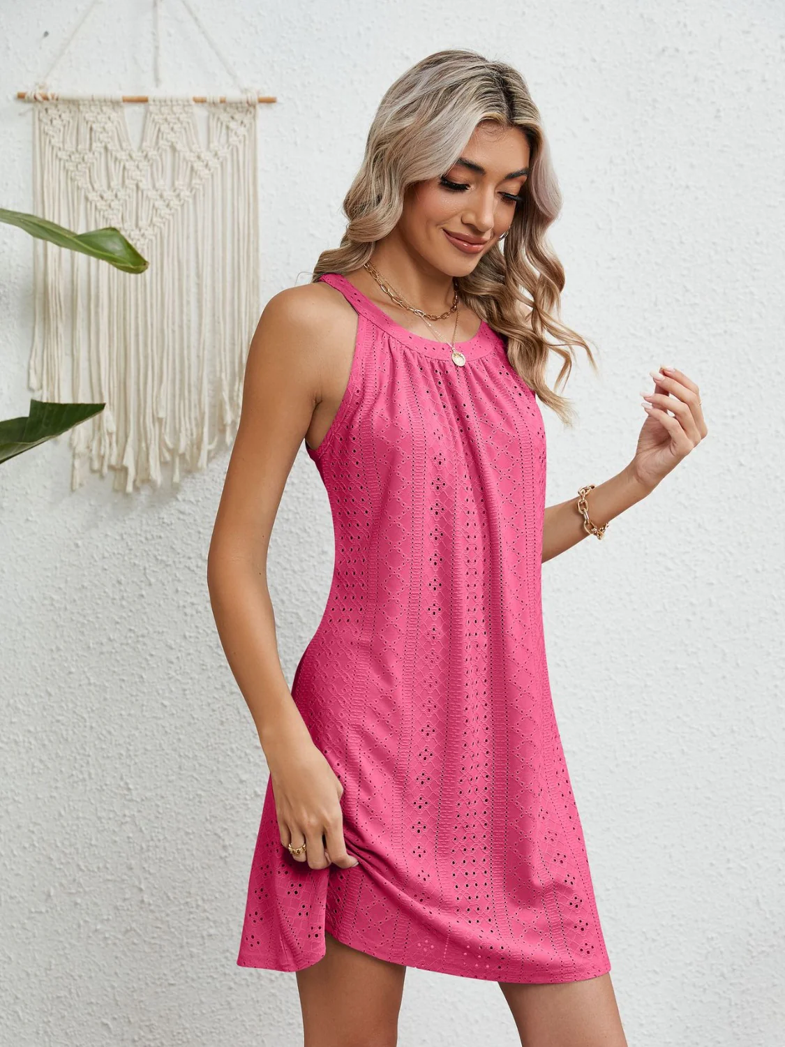 Eyelet Grecian Neck Mini Dress - Image 17
