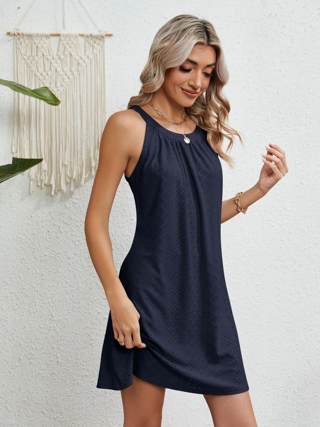 Eyelet Grecian Neck Mini Dress - Image 20