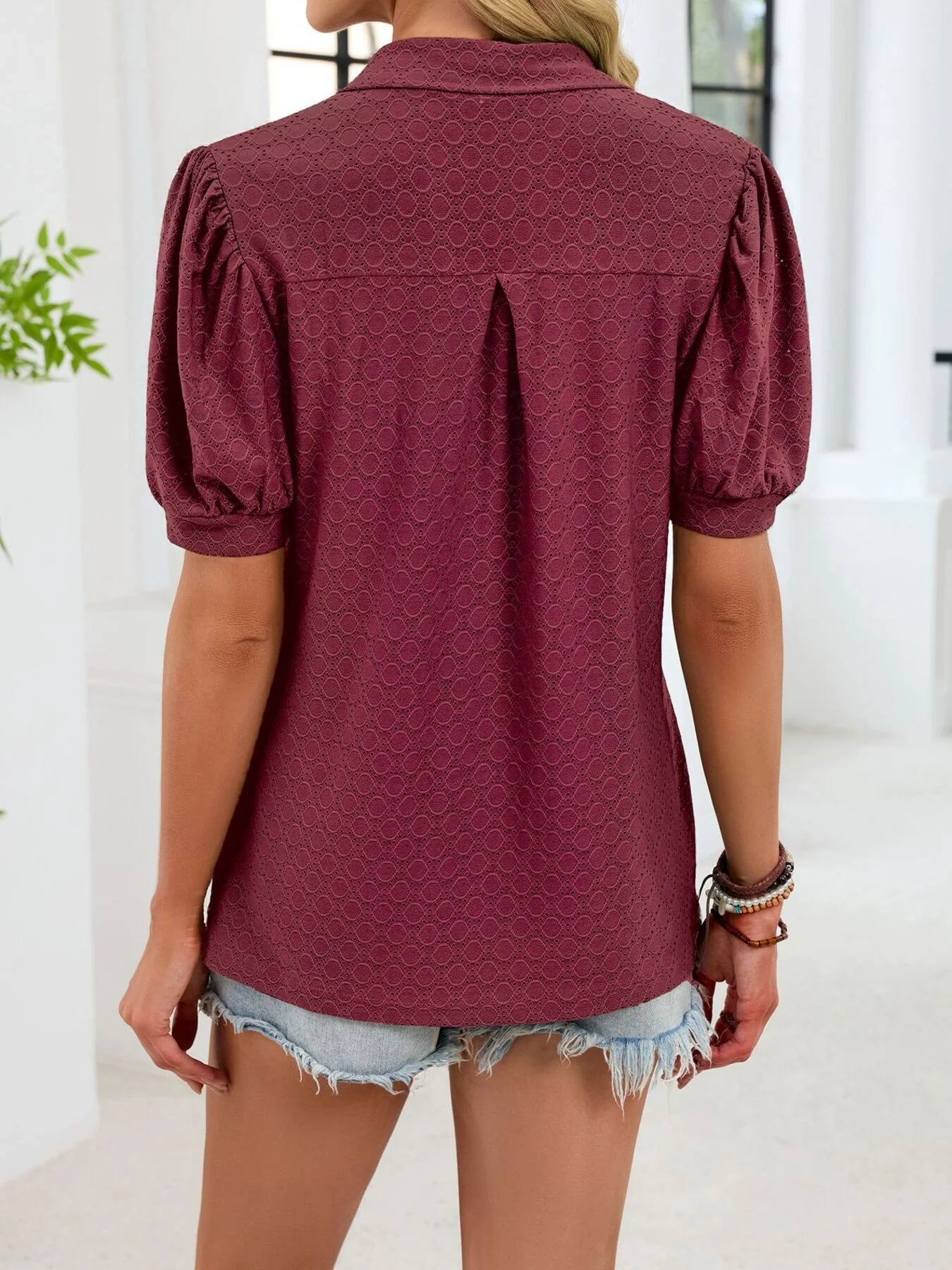 Eyelet Johnny Collar Puff Sleeve Top - Image 24