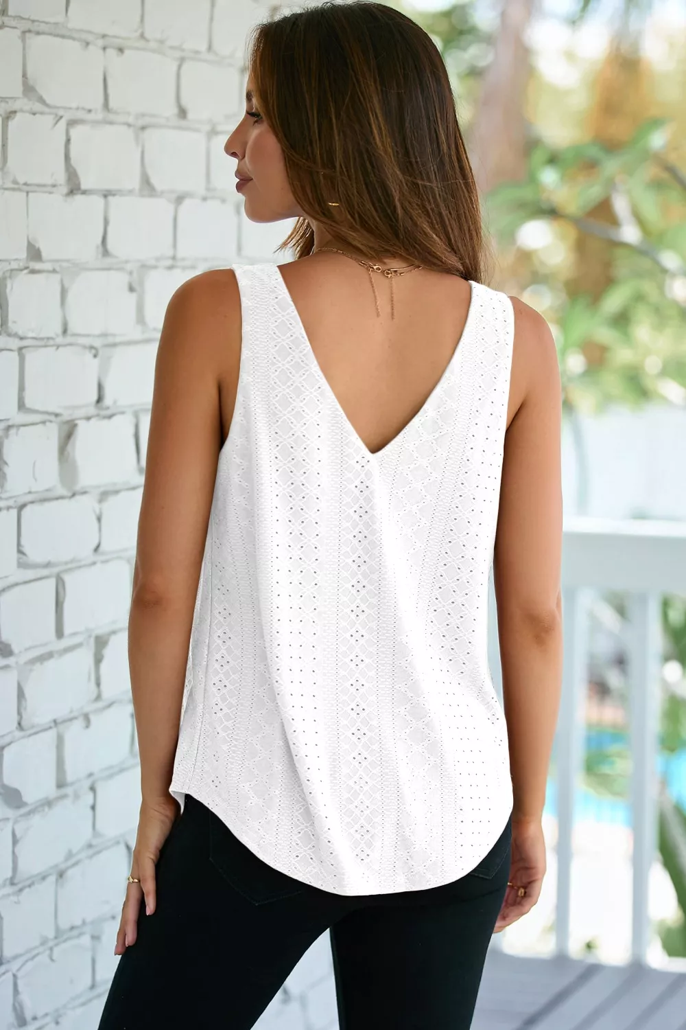 Eyelet Knit Patterned Loose V Neck Tank Top - Image 5
