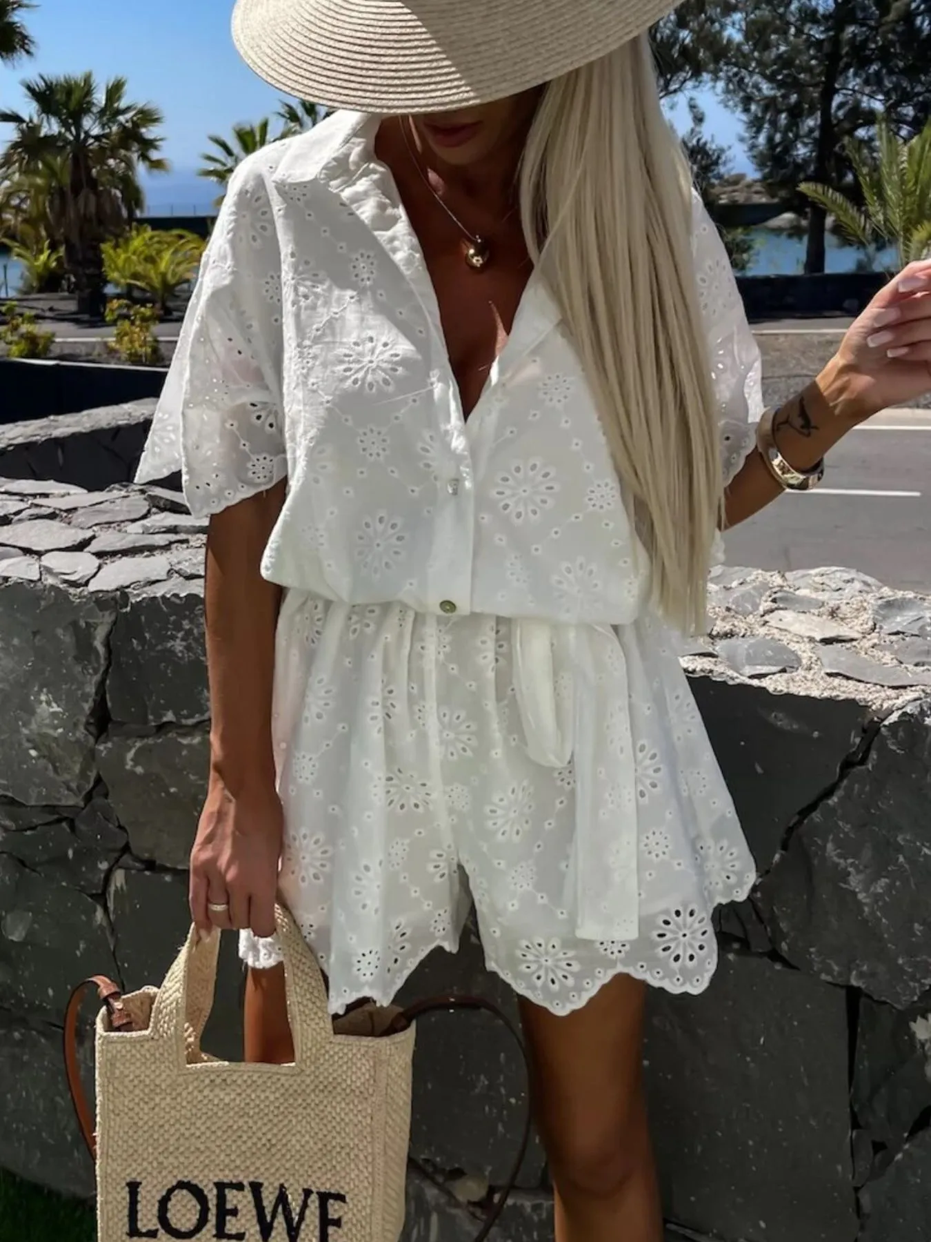 Eyelet Lace Button-Up Romper - Image 5