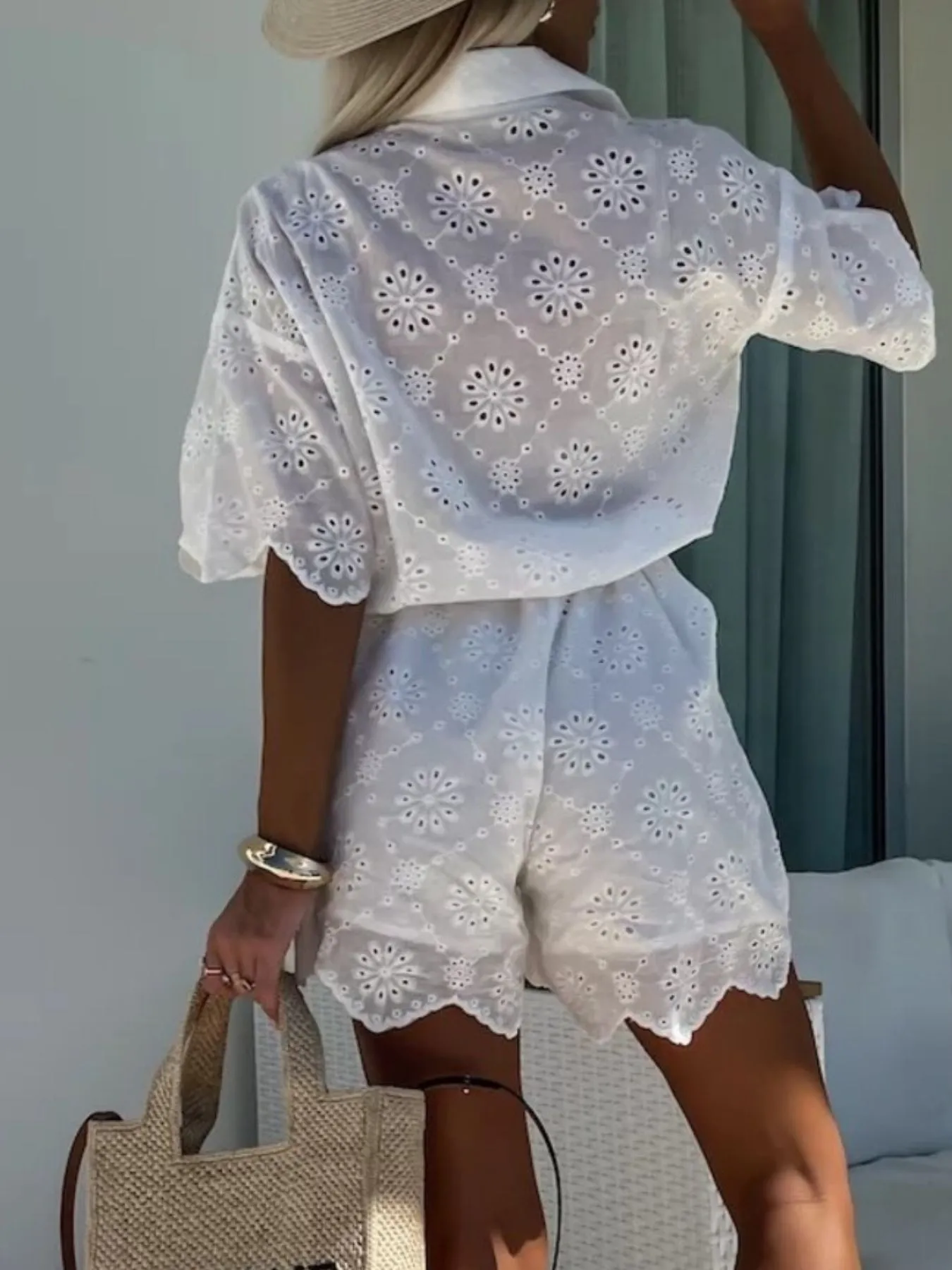 Eyelet Lace Button-Up Romper - Image 8