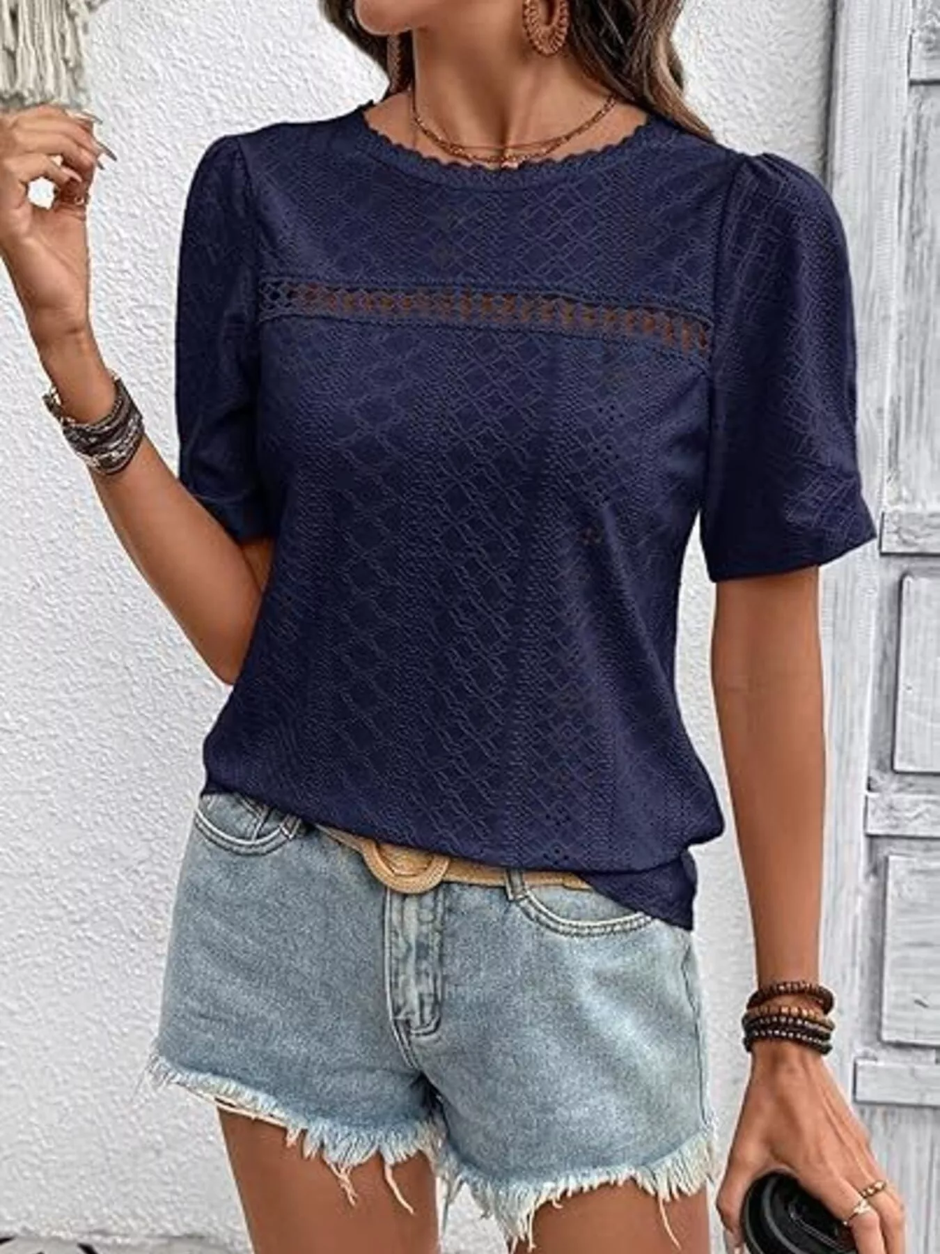 Eyelet Lace Detail Short Sleeve Blouse - Image 7