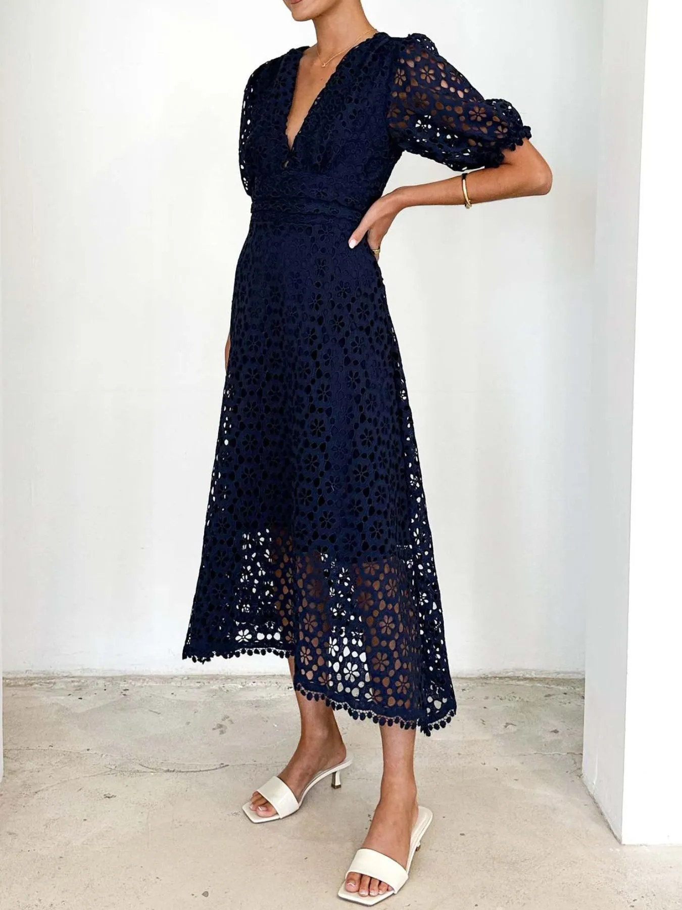 Eyelet Lace V-Neck Midi Dress with Puff Sleeves - Image 22