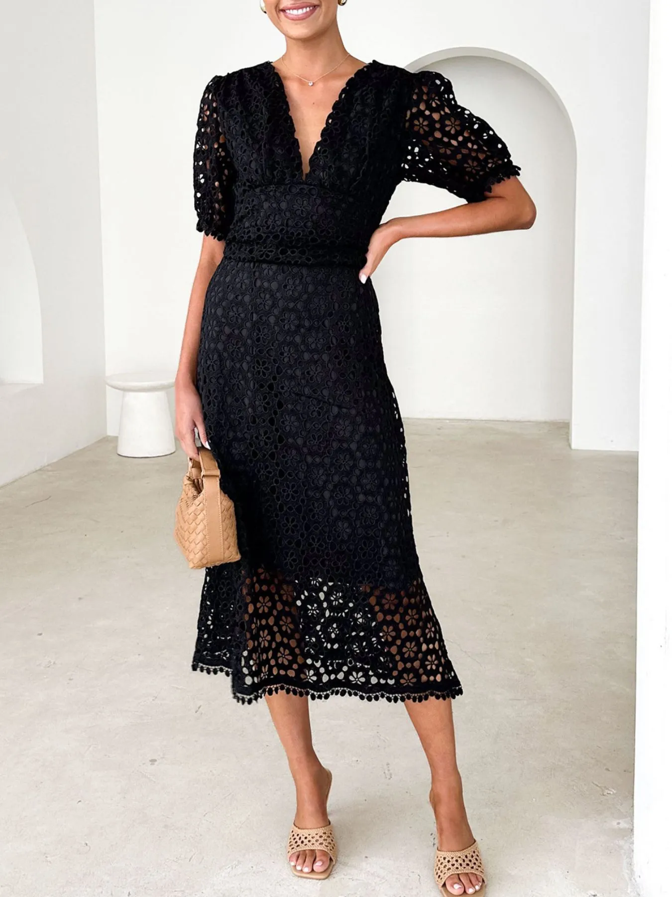 Eyelet Lace V-Neck Midi Dress with Puff Sleeves - Image 6