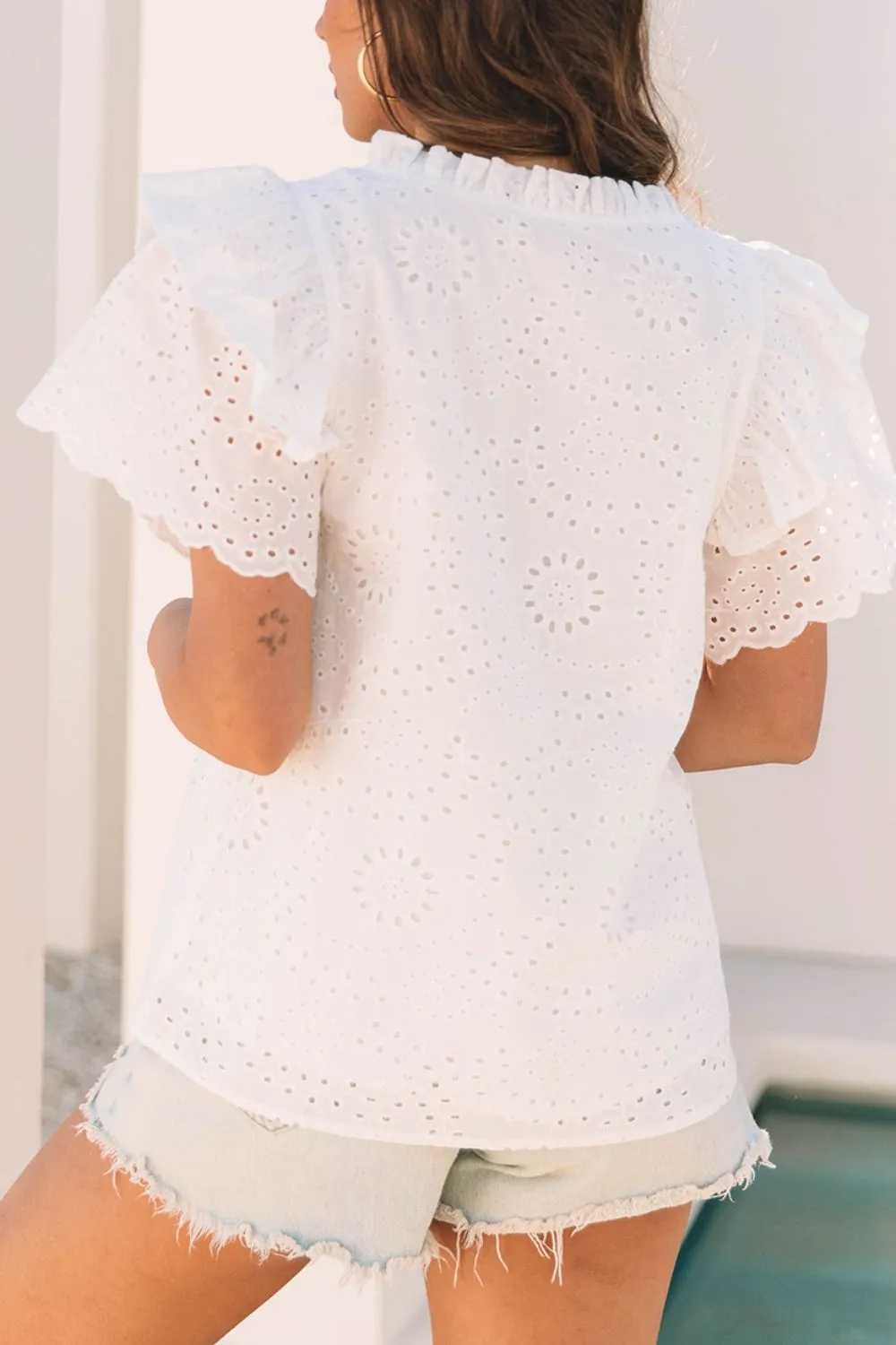 Eyelet Notched Short Sleeve Blouse - Image 3