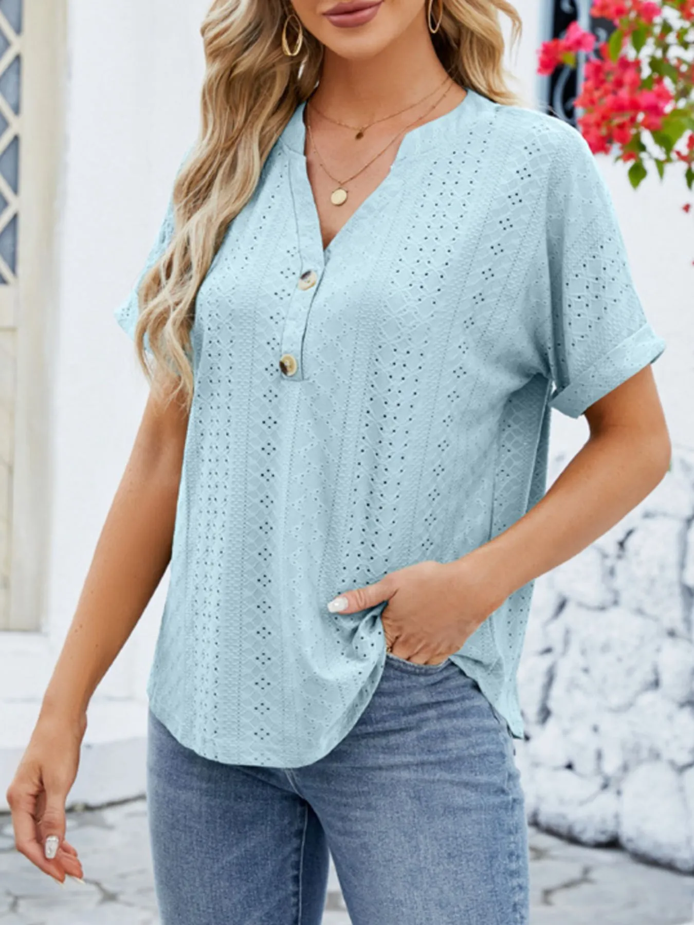 Eyelet Notched Short Sleeve Blouse - Image 13