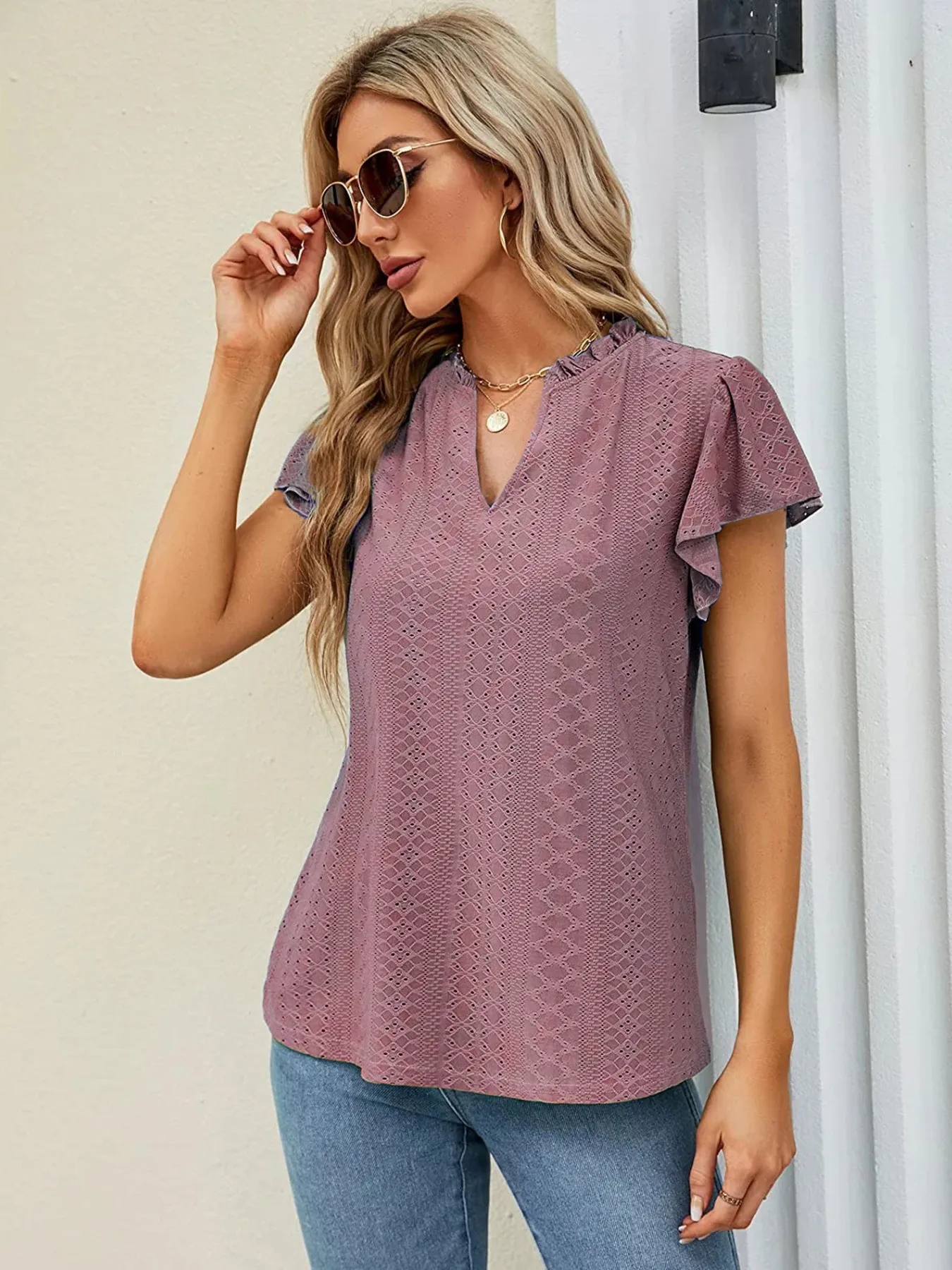 Eyelet Notched Short Sleeve T-Shirt - Image 11