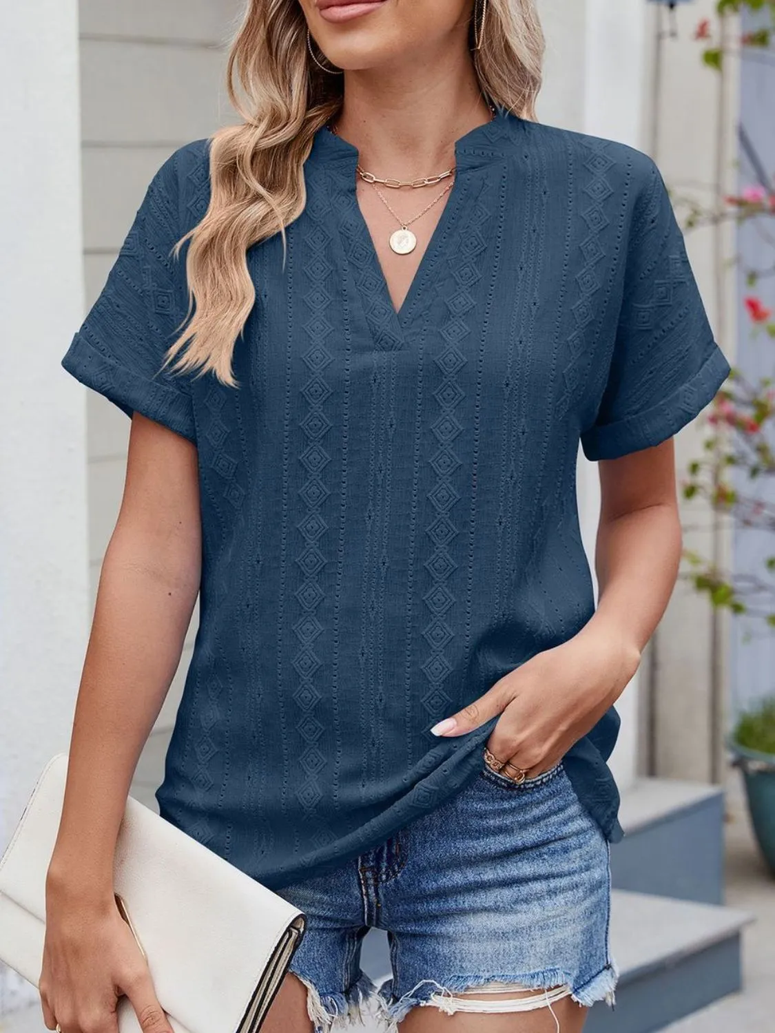 Eyelet Notched Short Sleeve Top - Image 26