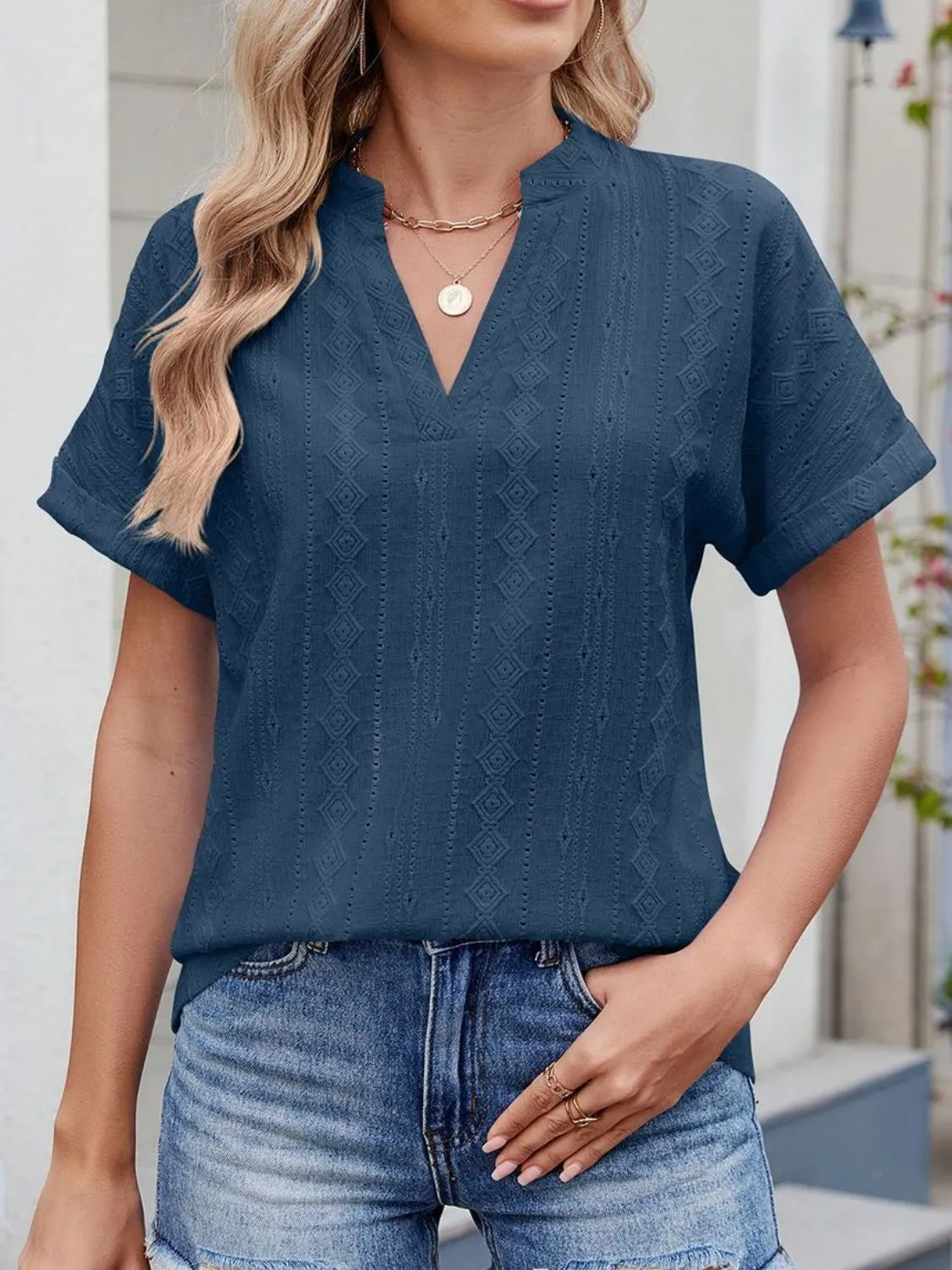Eyelet Notched Short Sleeve Top - Image 28