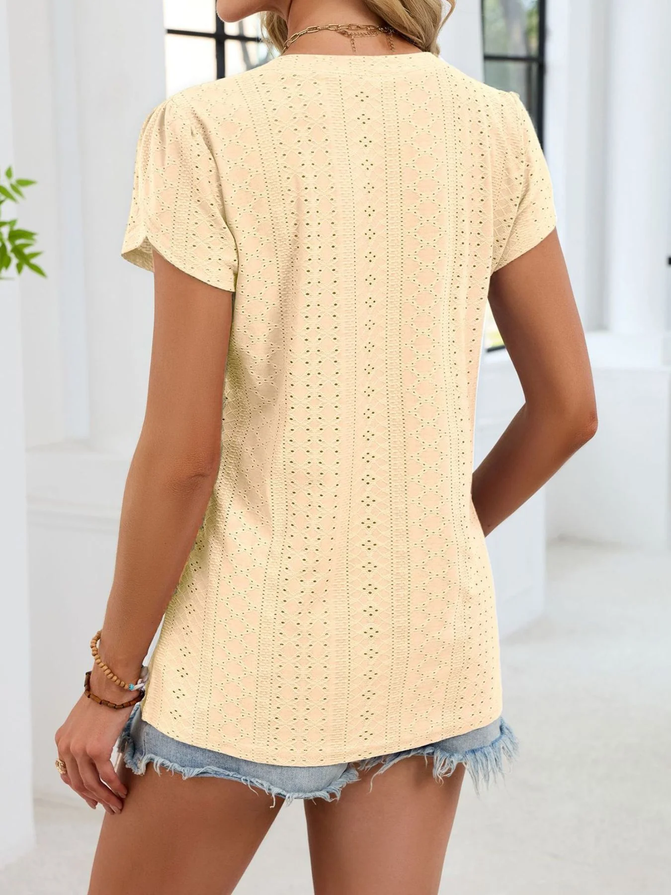 Eyelet Petal Sleeve V-Neck T-Shirt - Image 11